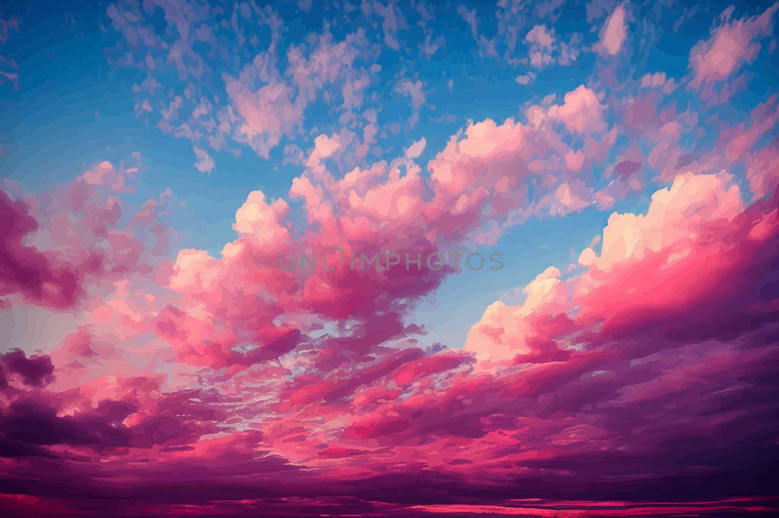 illustration of the Beautiful pastel pink and purple skies and clouds at night as the sun sets. Beautiful sky and clouds.