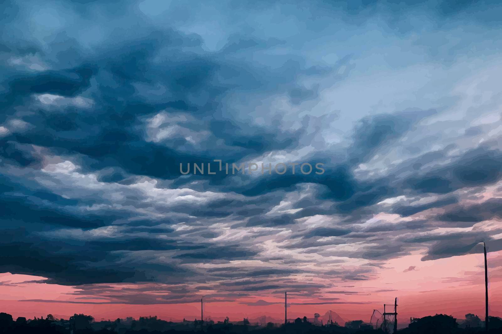 illustration of the Beautiful pastel pink and purple skies and clouds at night as the sun sets. Beautiful sky and clouds by JpRamos