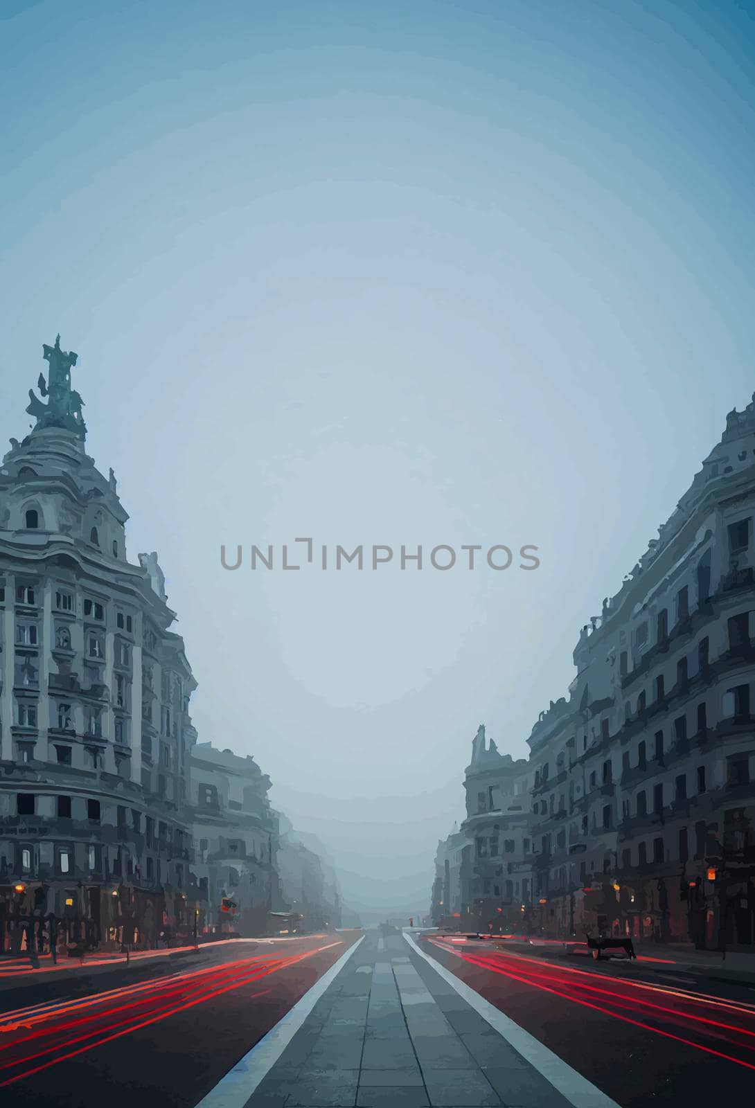 view of madrid street with the Plaza de Cibeles in the background in a foggy day.