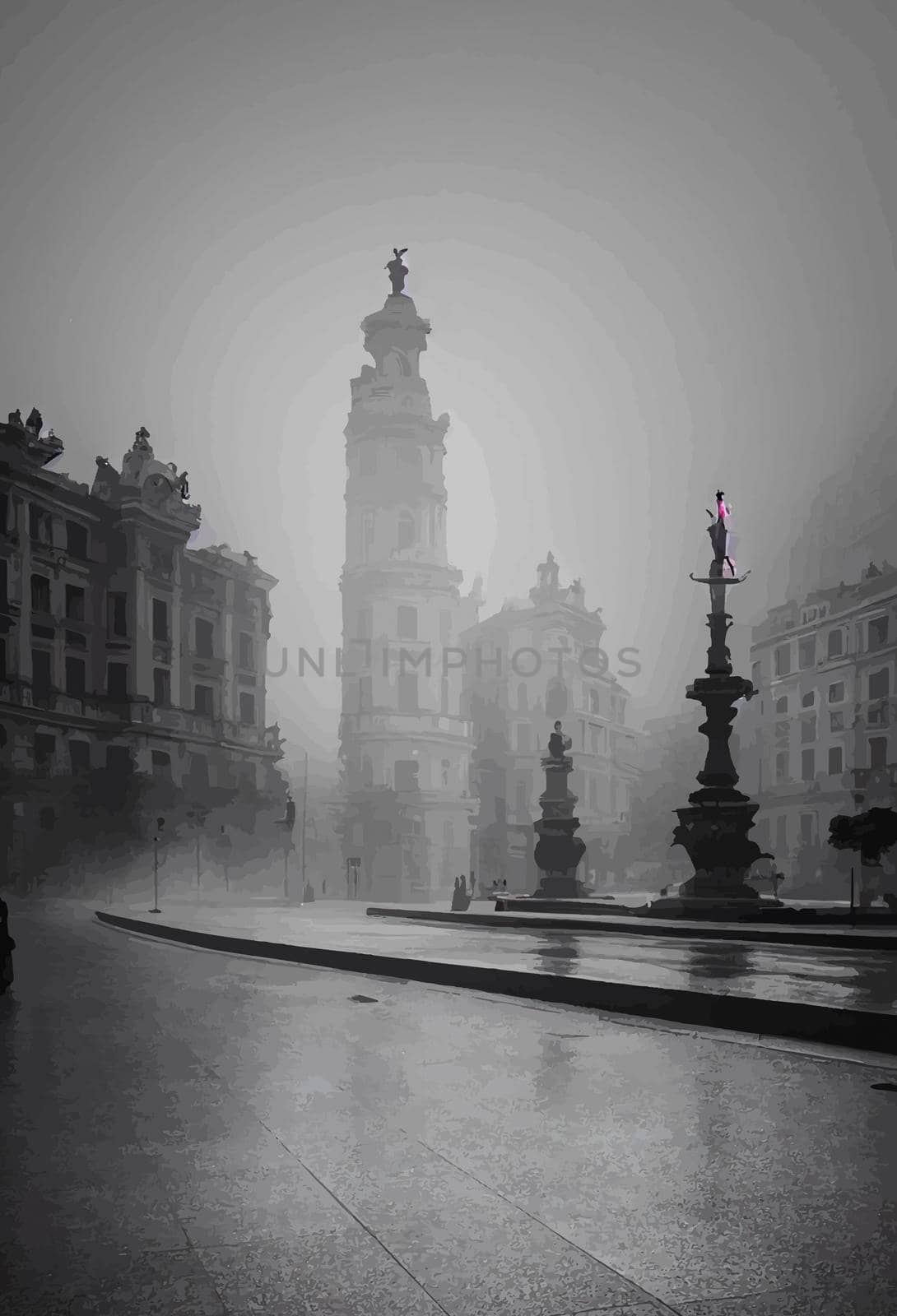 view of madrid street with the Plaza de Cibeles in the background in a foggy day by JpRamos