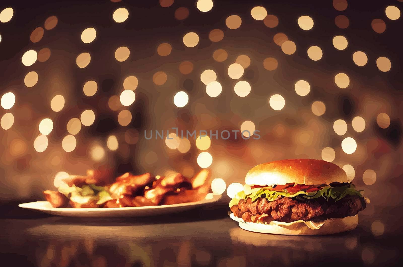 Illustration of delicious hamburger with lights in the background.