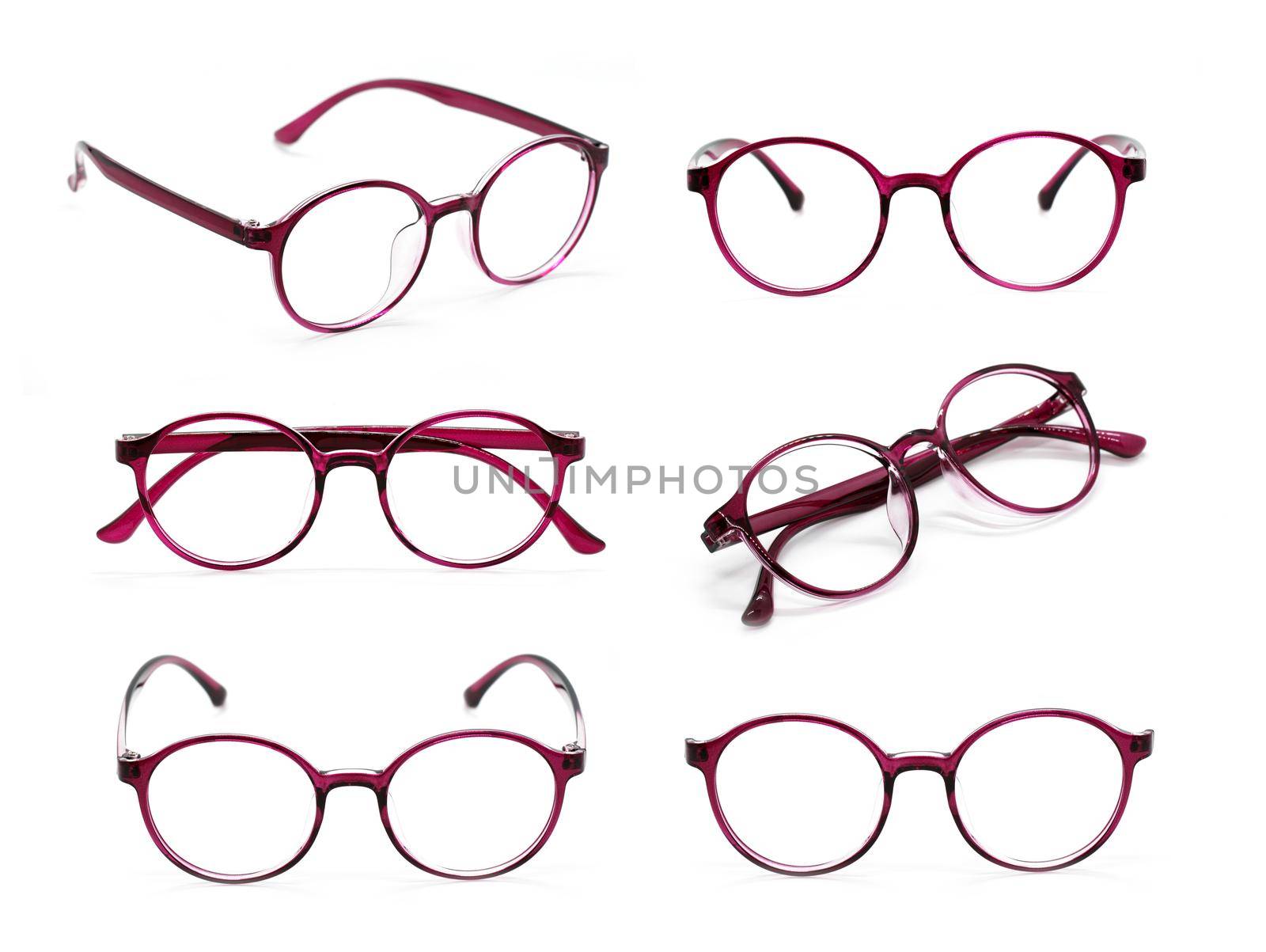 Group of beautiful eyeglass frames isolated on white background. Spectacles. Costume Fashion.