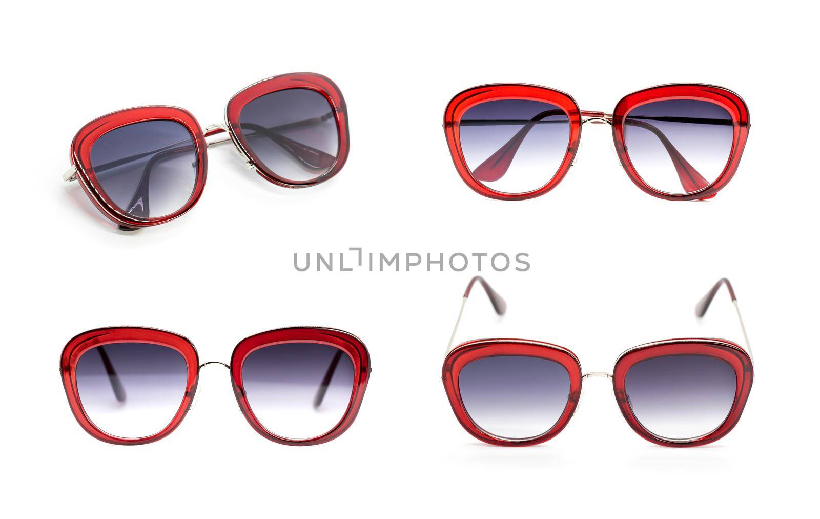 Group of beautiful sunglasses isolated on white background. Costume Fashion.