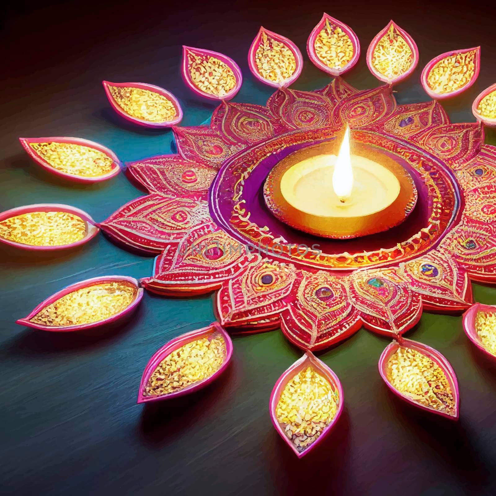 illustration of the Oil lamps lit in the colorful rangoli during the celebration of diwali