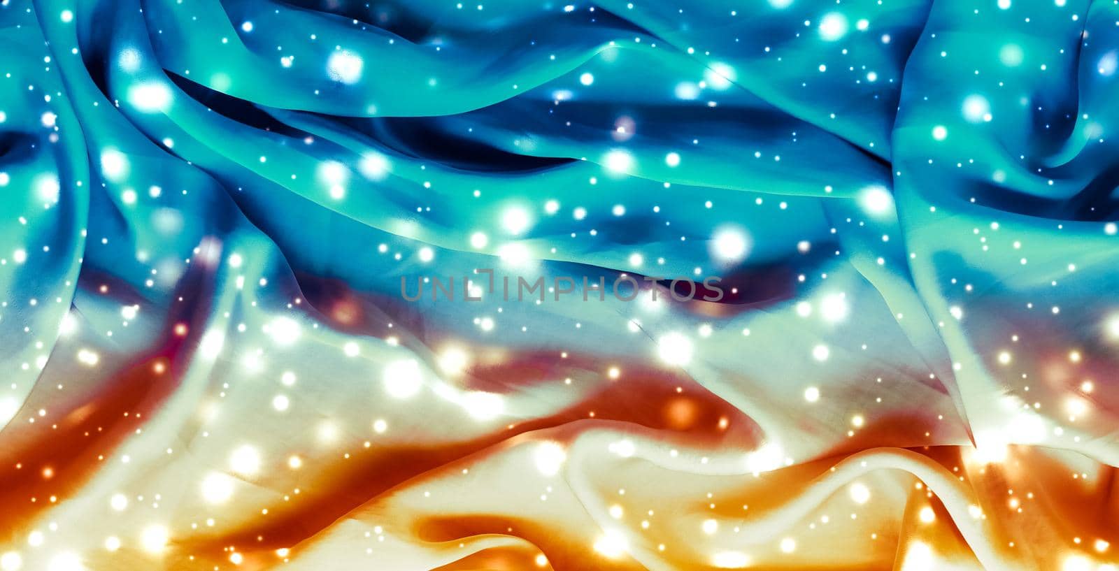 Winter fashion, shiny fabric and glamour style concept - Magic holiday blue and gold soft silk flatlay background texture with glowing snow, luxury beauty abstract backdrop