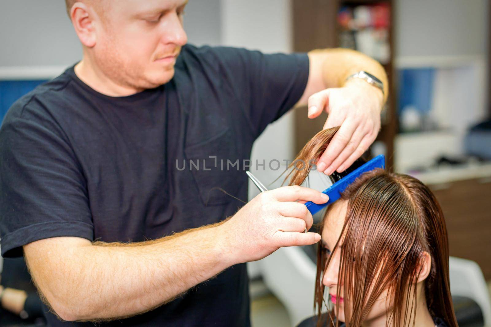 The hairdresser cuts the hair of a brunette woman. Hairstylist is cutting the hair of female client in a professional hair salon, close up