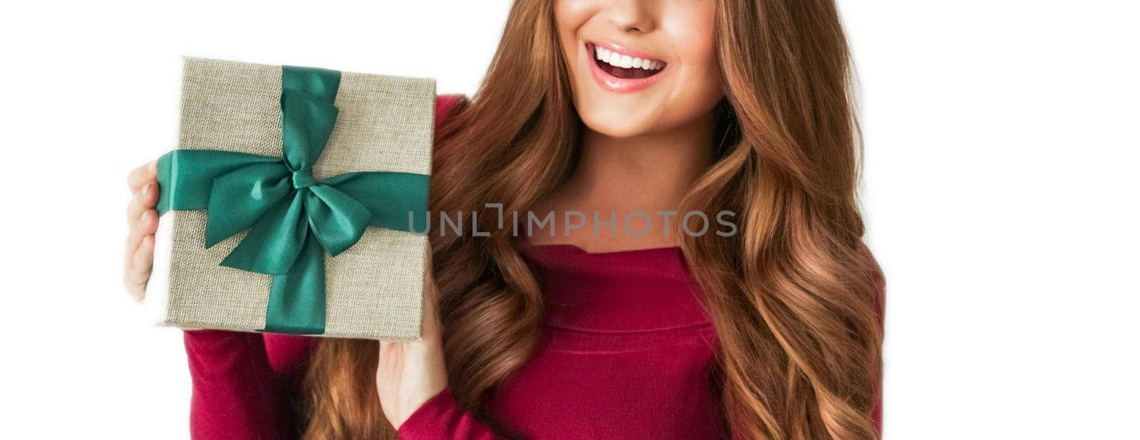 Birthday, Christmas or holiday present, happy woman holding a green gift or luxury beauty box subscription delivery isolated on white background by Anneleven