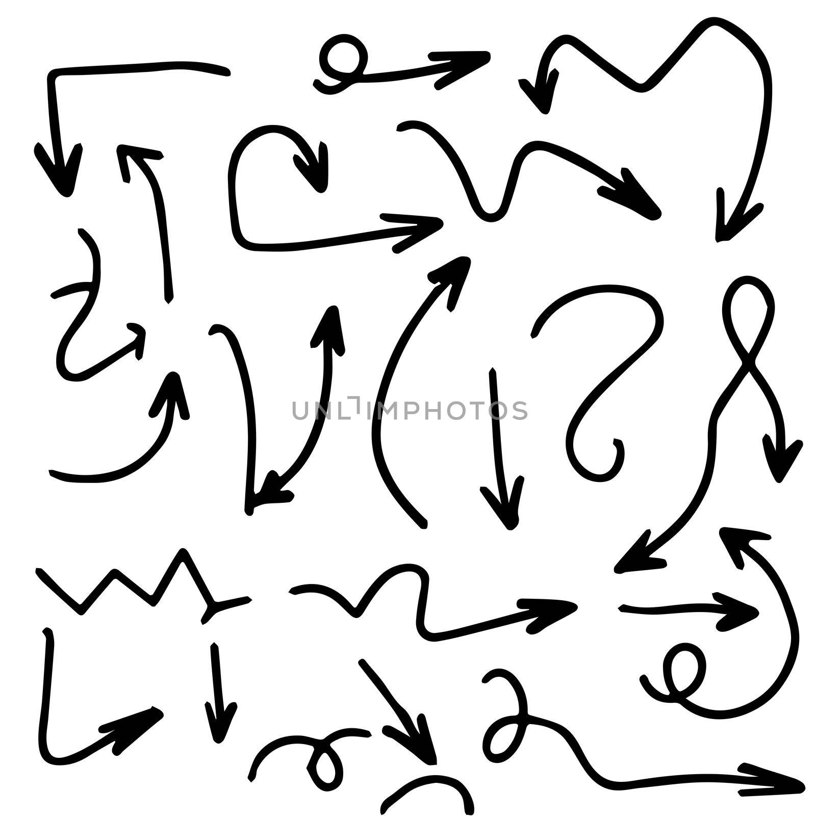 Set of hand drawn arrow, black directional pencil sketch symbol collection