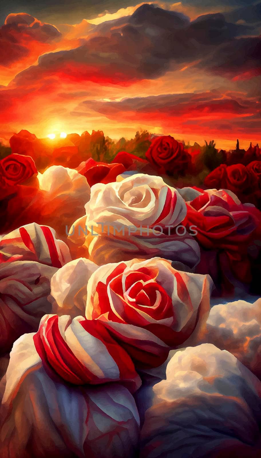 red and white roses under the colorful sky. roses with castle and sunset in the background.