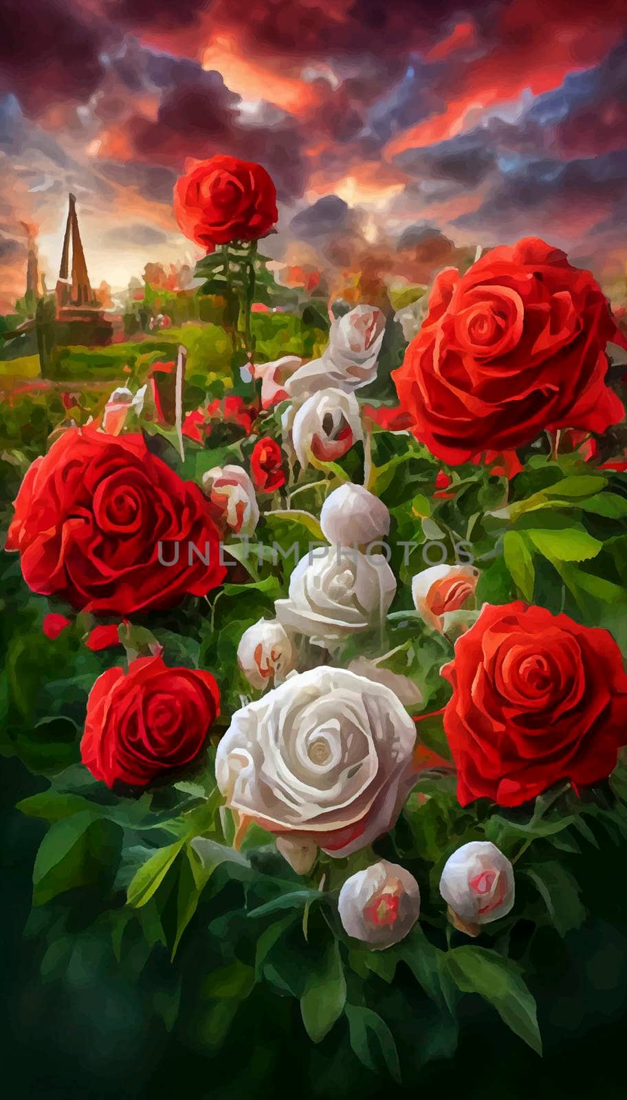red and white roses under the colorful sky. roses with castle and sunset in the background by JpRamos