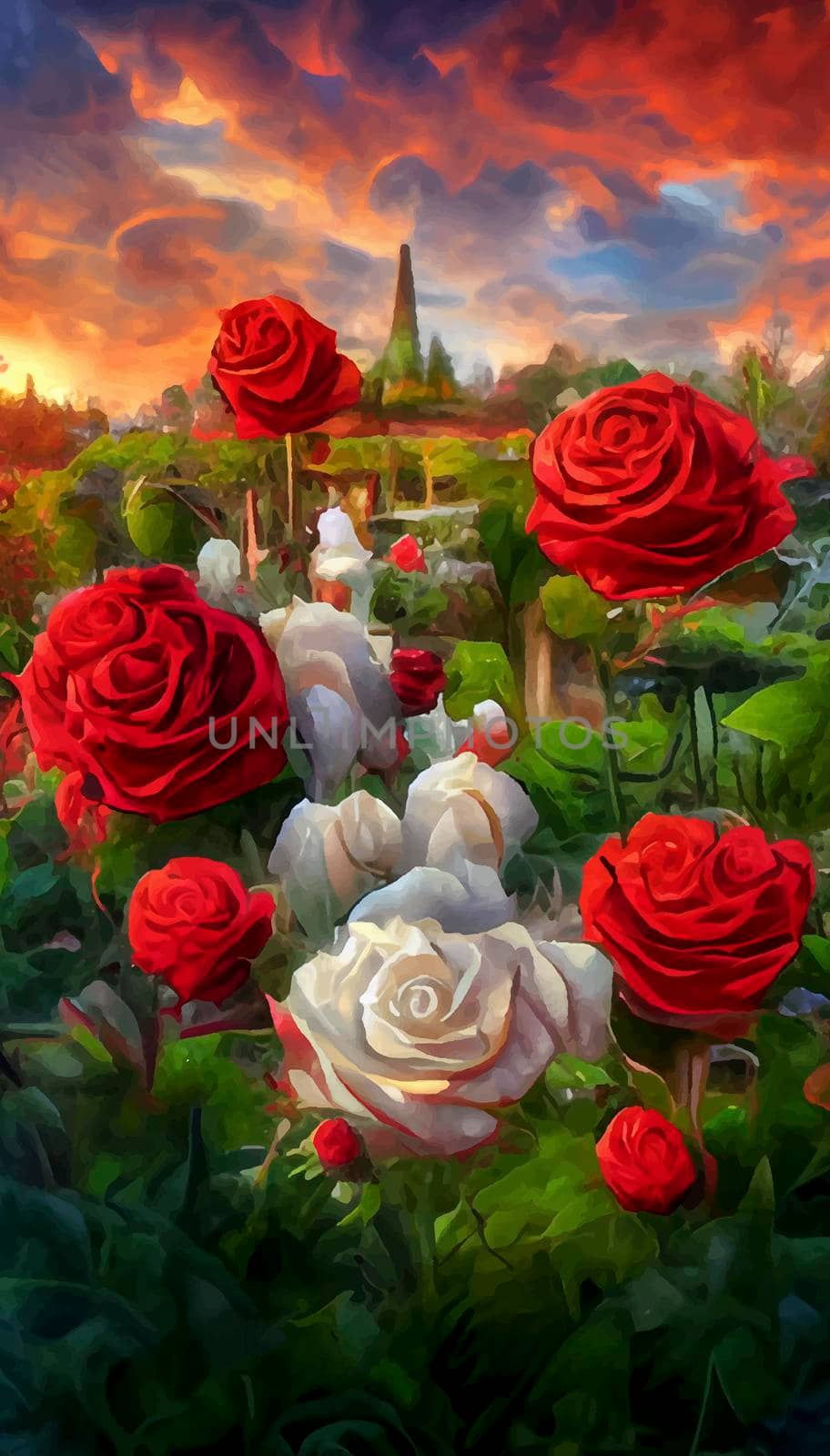 red and white roses under the colorful sky. roses with castle and sunset in the background.