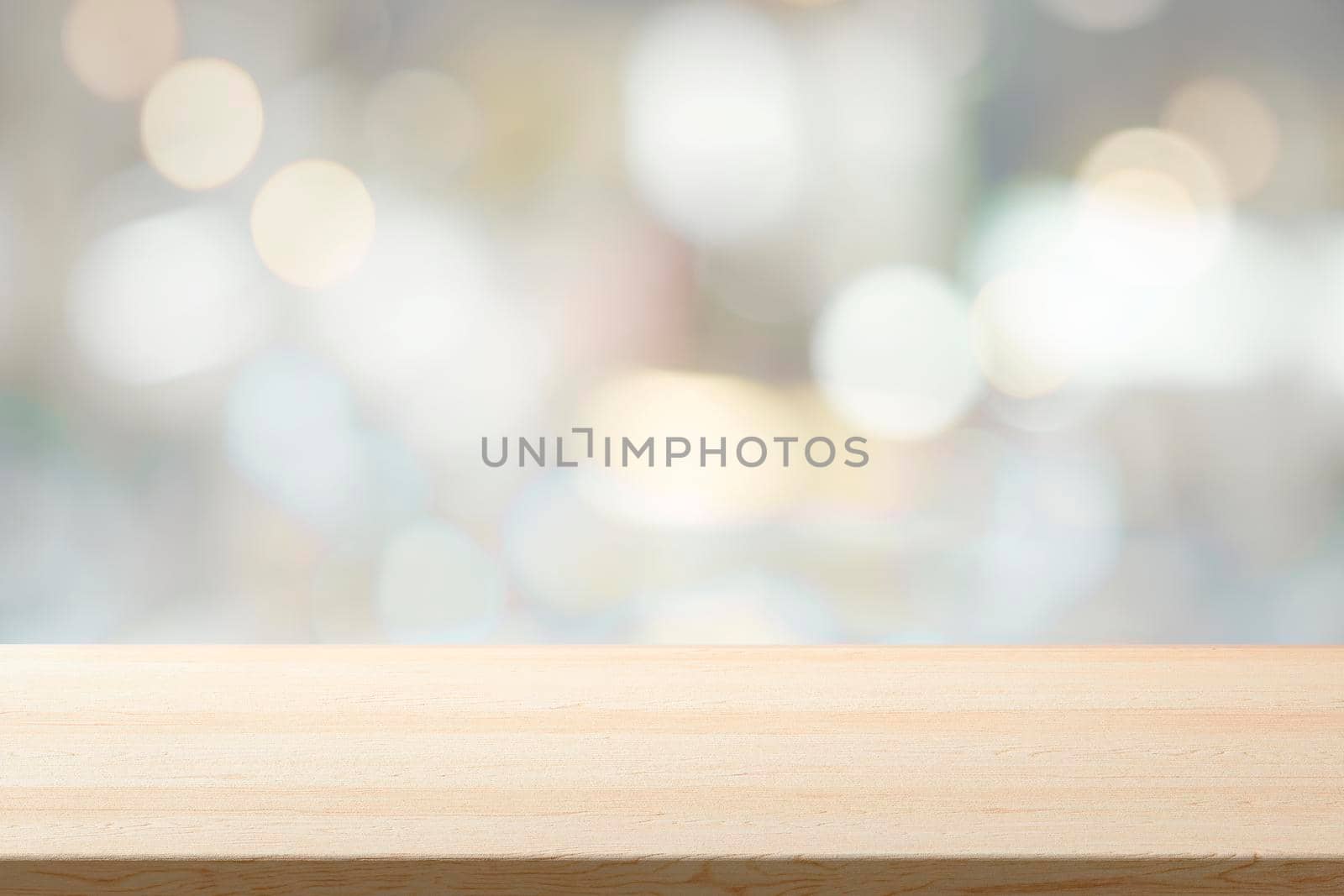 Empty wooden table top, counter, desk background over blur bokeh light background, wooden table, shelf and blurred kitchen restaurant for food, product display mockup, template