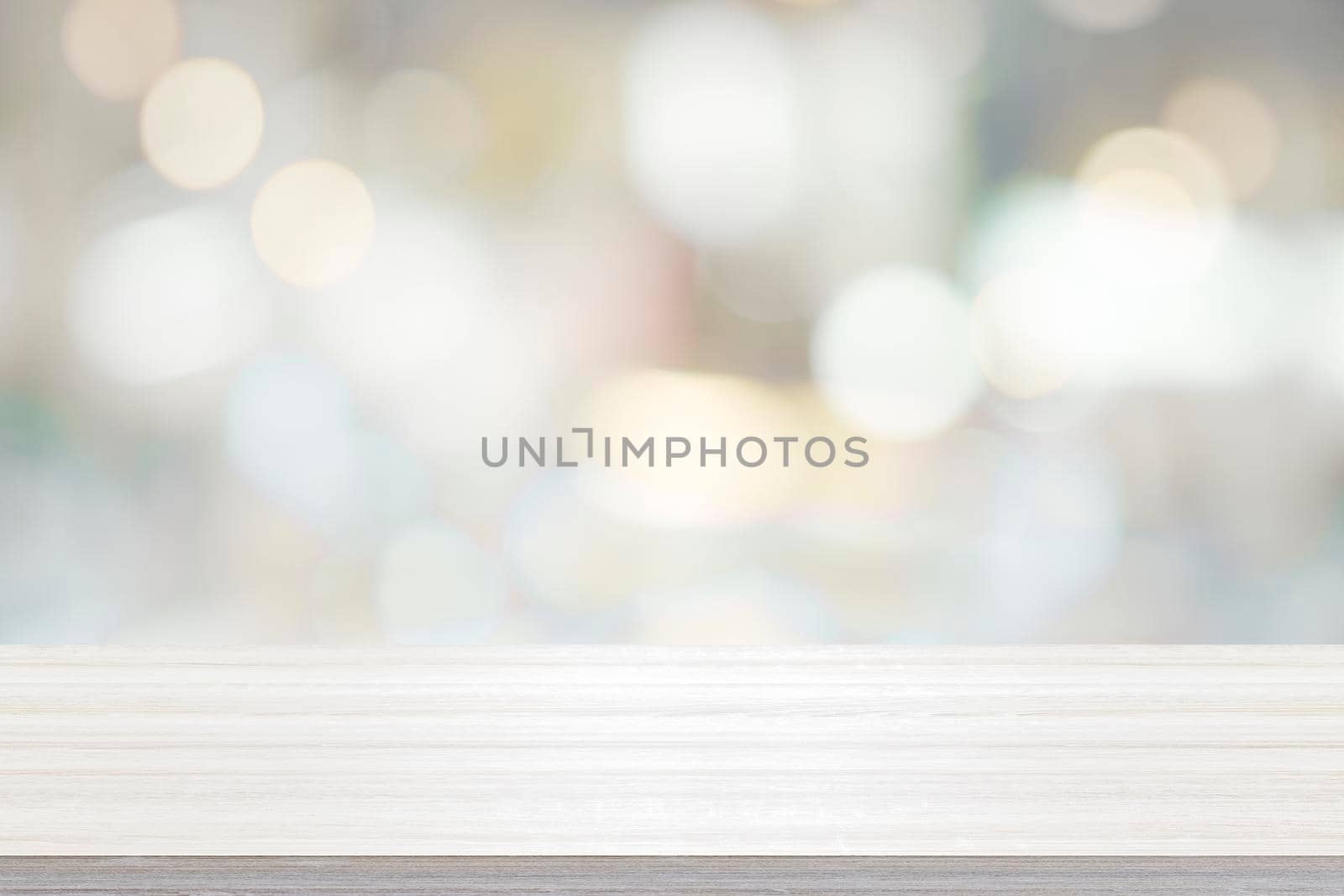 Empty wooden table for present product on bokeh blur background image. by ijeab