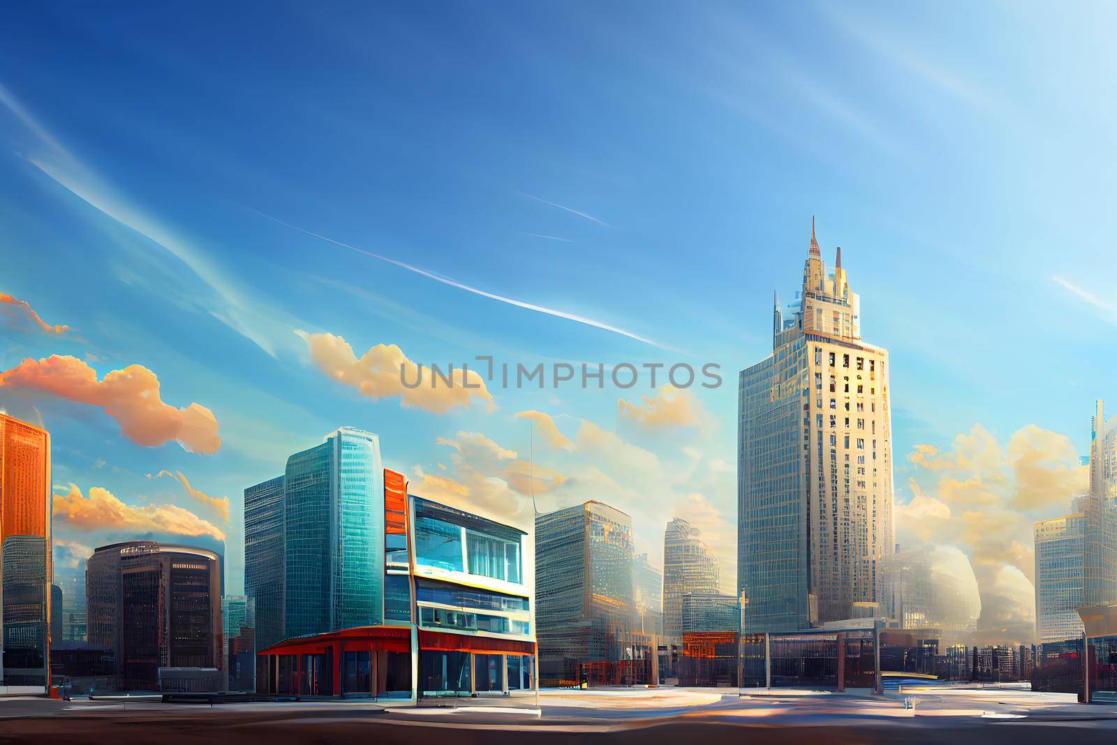 abstract contemporary western downtown cityscape at sunny morning with modern skyscrapers, neural network generated art by z1b