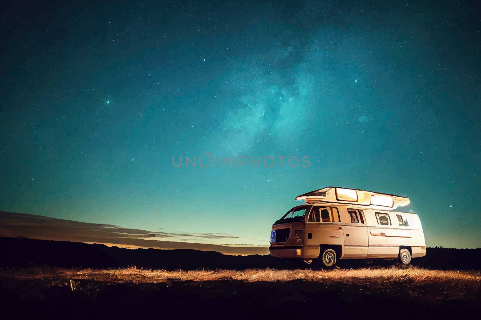 Elevated view of a campervan lit up under a night sky by JpRamos