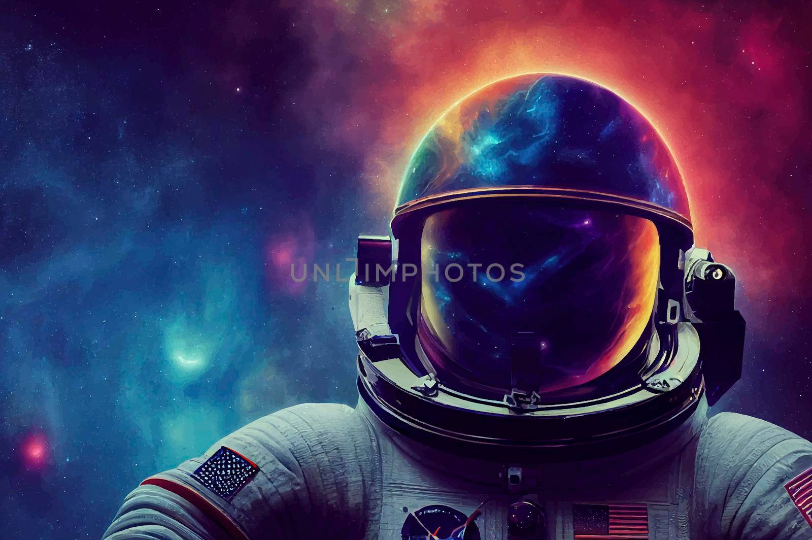 astronaut in space and in the reflection of his helmet stars. Galaxy purple, blue, red, orange, complementary colors, nebula and galaxies in space