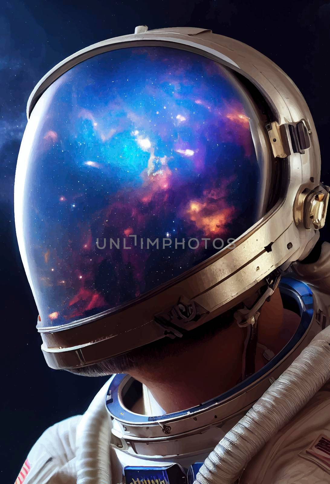 astronaut in space and in the reflection of his helmet stars. Galaxy purple, blue, nebula and galaxies in space. by JpRamos