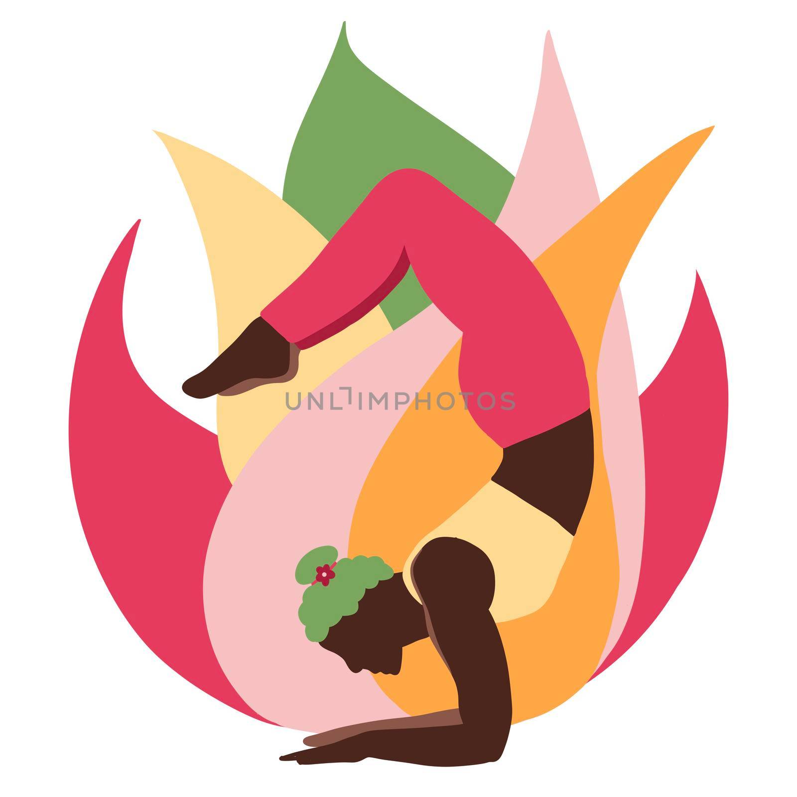 Hand drawn illustration of black African American woman in yoga pose. Modern green pink design for balance harmony wellness self help concept. Relaxation exercise fitness body sport. by Lagmar