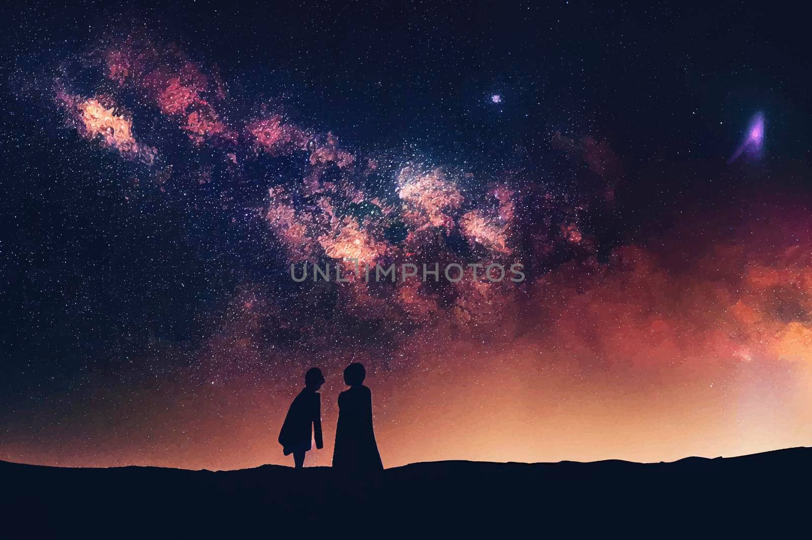 silhouette of couple with night scene milky way background in the galaxy.