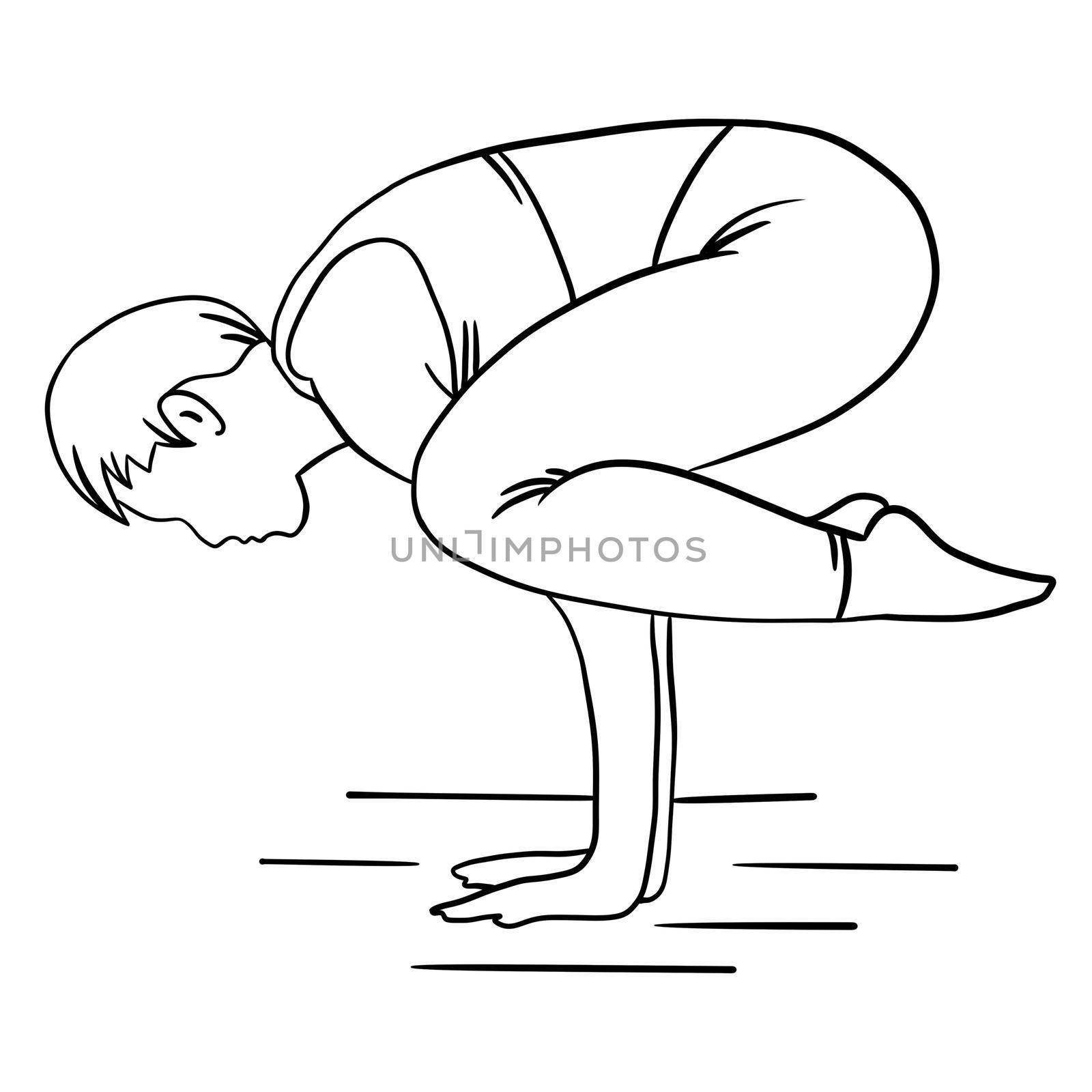 Hand drawn illustration of man woman in yoga balance pose. Teenager fitness body sport, relaxation harmony self help concept. Self love healing exercise. by Lagmar