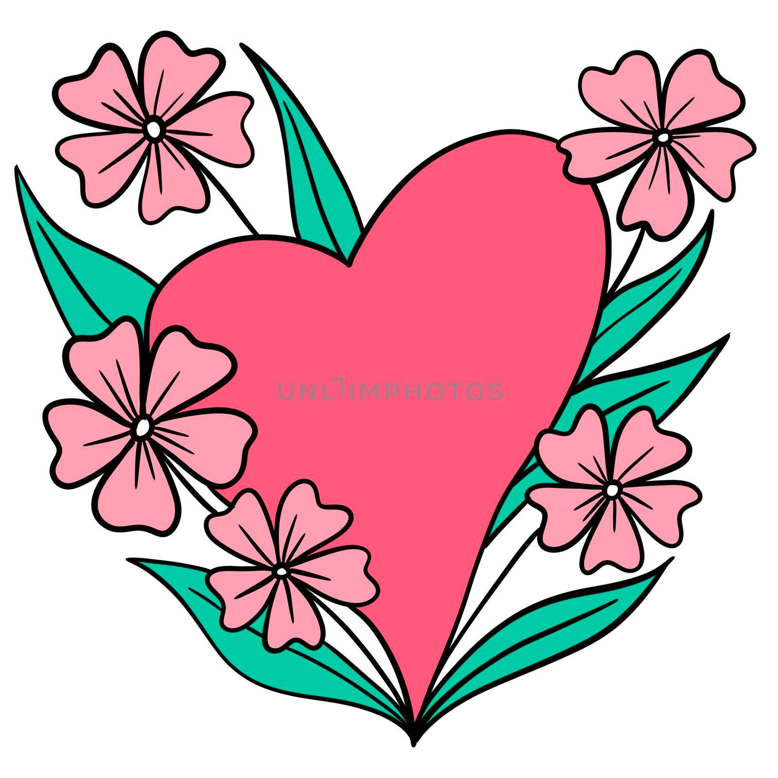 hand drawn illustration of pink heart with flowers leaves. Floral st valentine love design, simple minimalist botanical nature plant print, romantic bloom blossom. by Lagmar