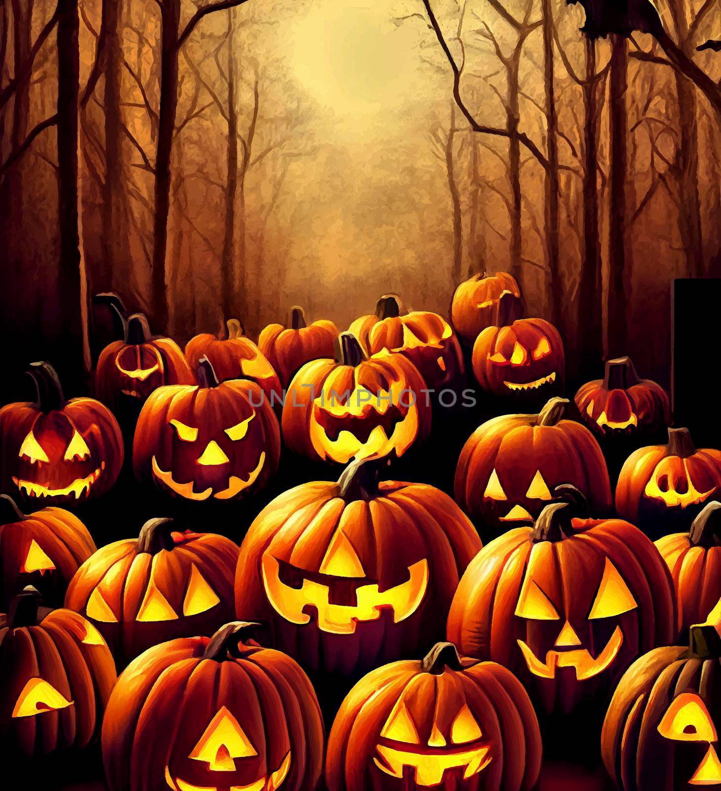 halloween evil pumpkin in the forest on halloween night illustration. halloween pumpkin. halloween illustration.