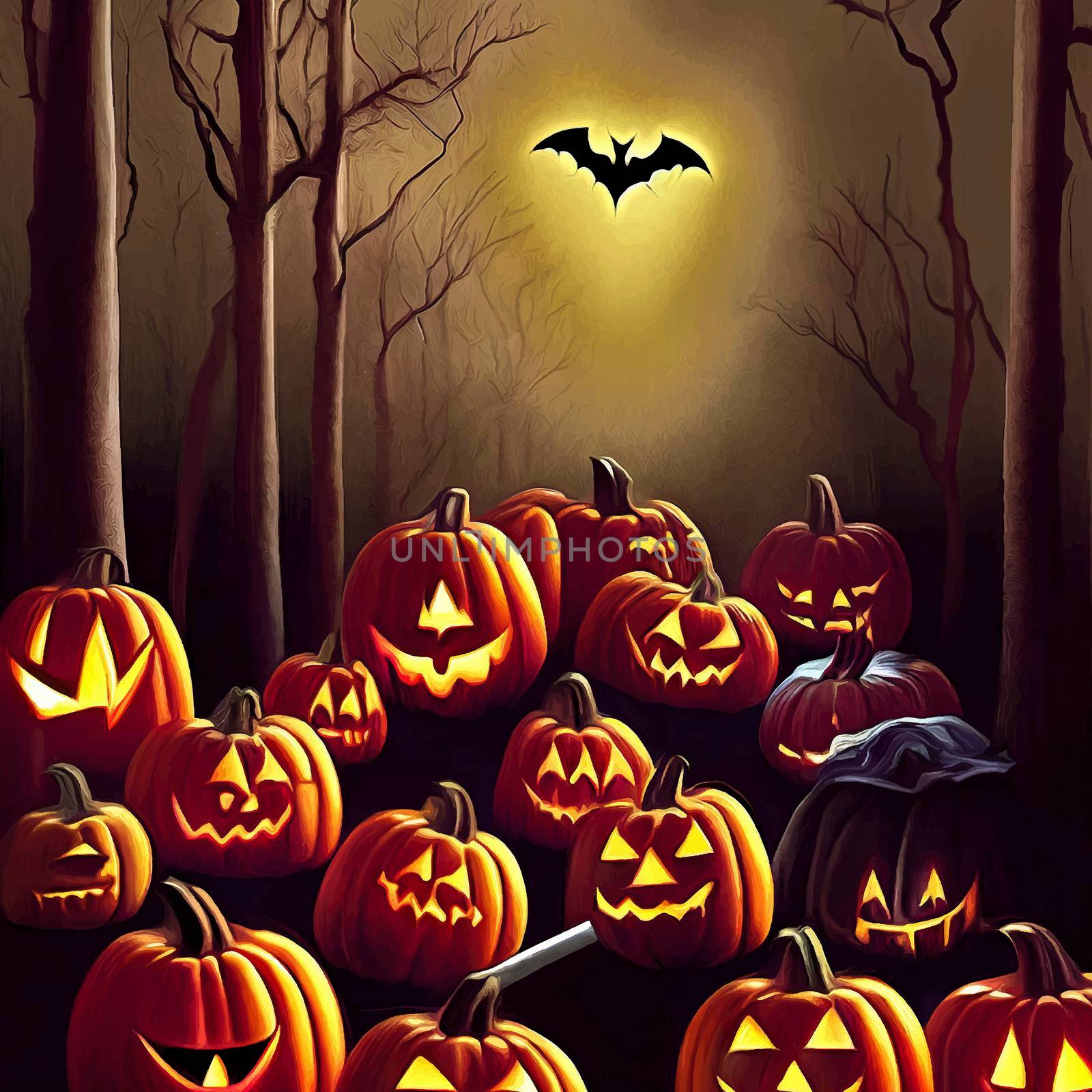 halloween evil pumpkin in the forest on halloween night illustration. halloween pumpkin. halloween illustration by JpRamos