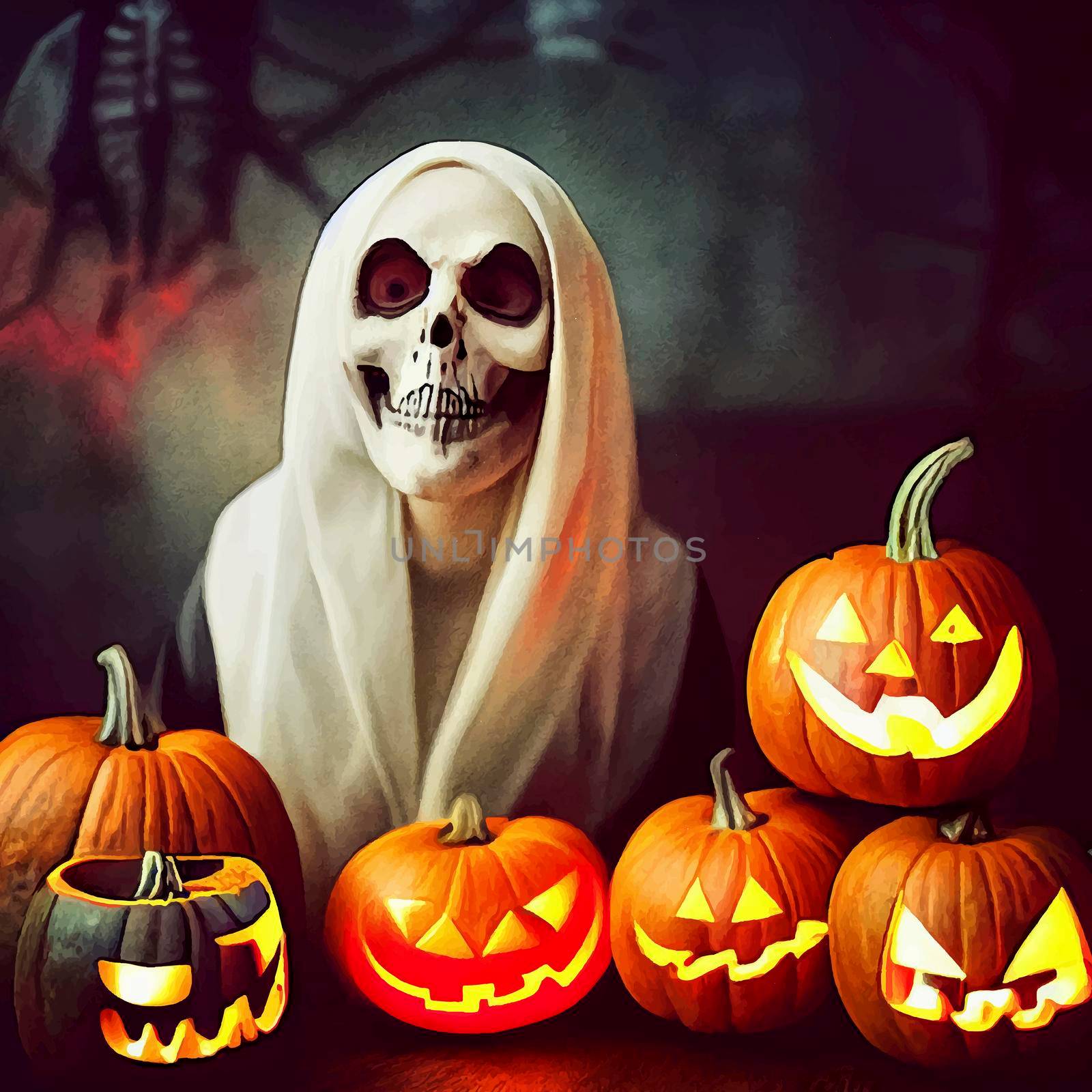 skull on halloween night with evil pumpkins. hallowen illustration by JpRamos