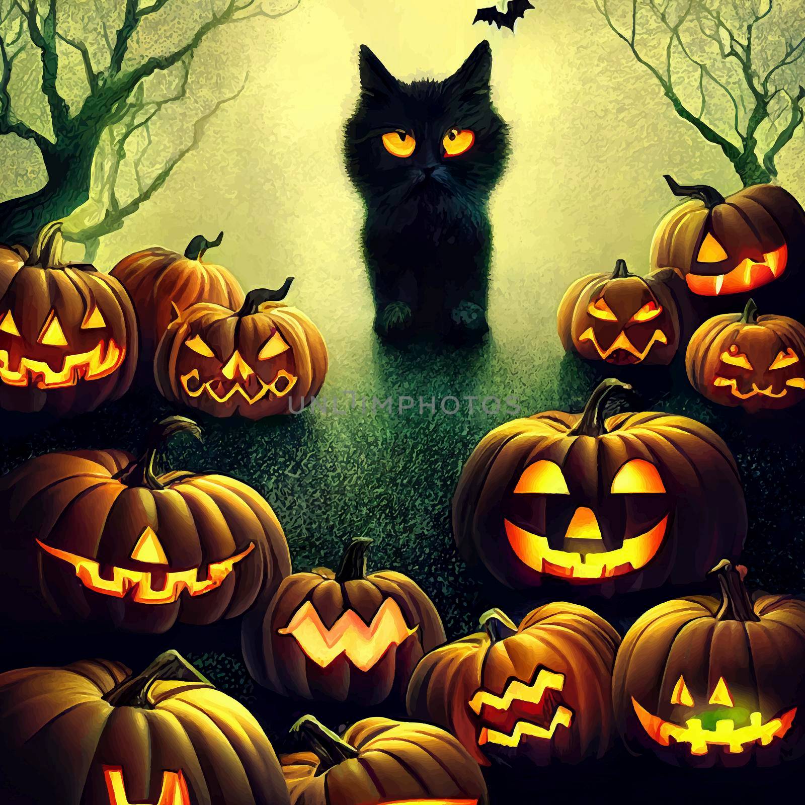 halloween evil pumpkin in the forest on halloween night illustration. halloween pumpkin. halloween illustration by JpRamos