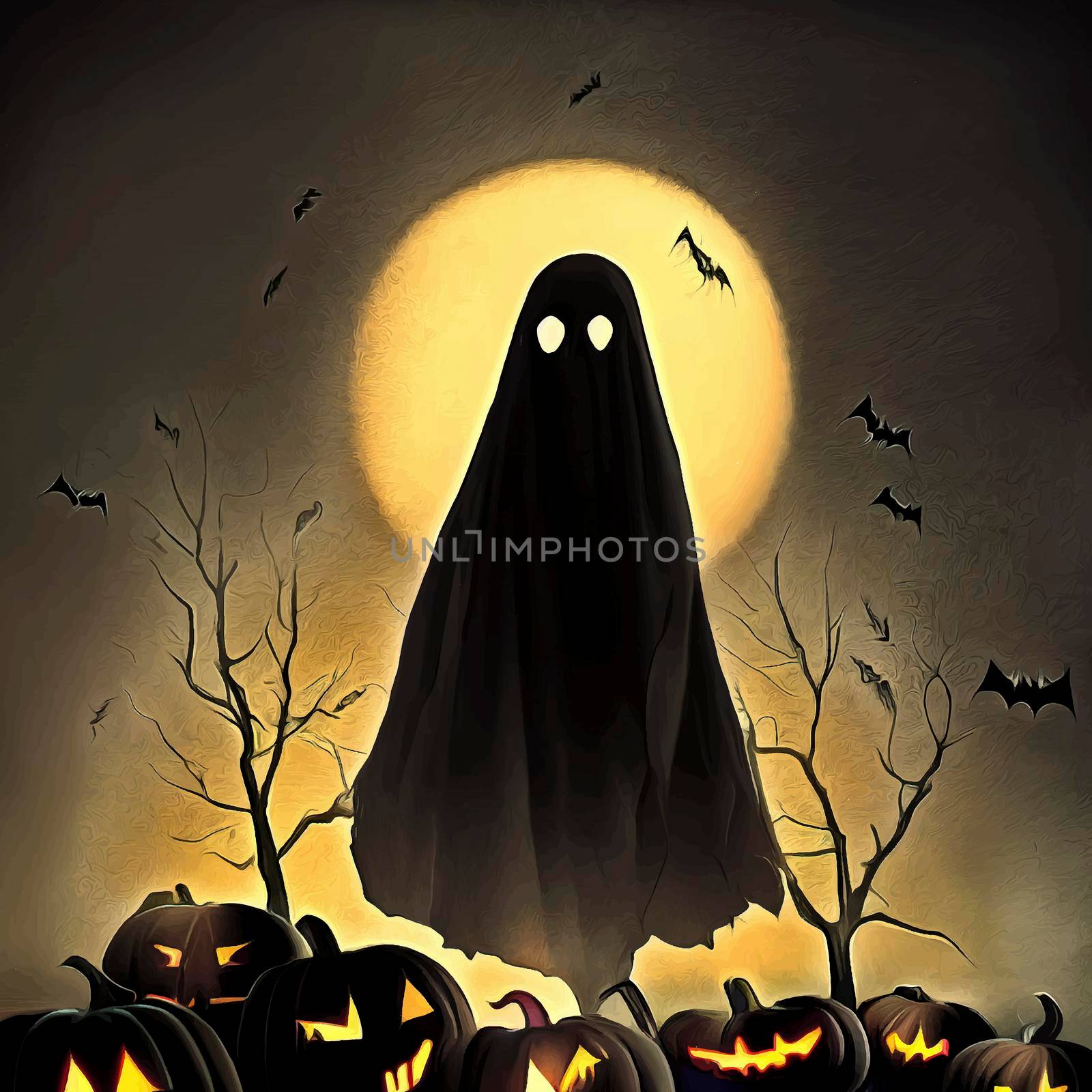 ghost in the forest with full moon and bats. halloween illustration.