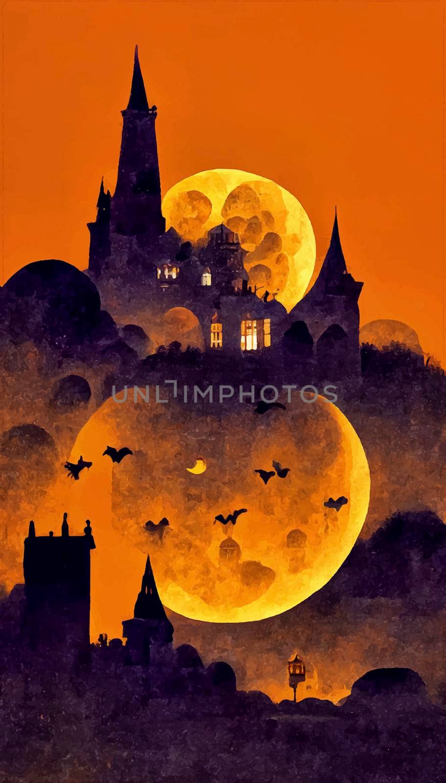 halloween night illustration with full moon and castle in the background. halloween illustration by JpRamos