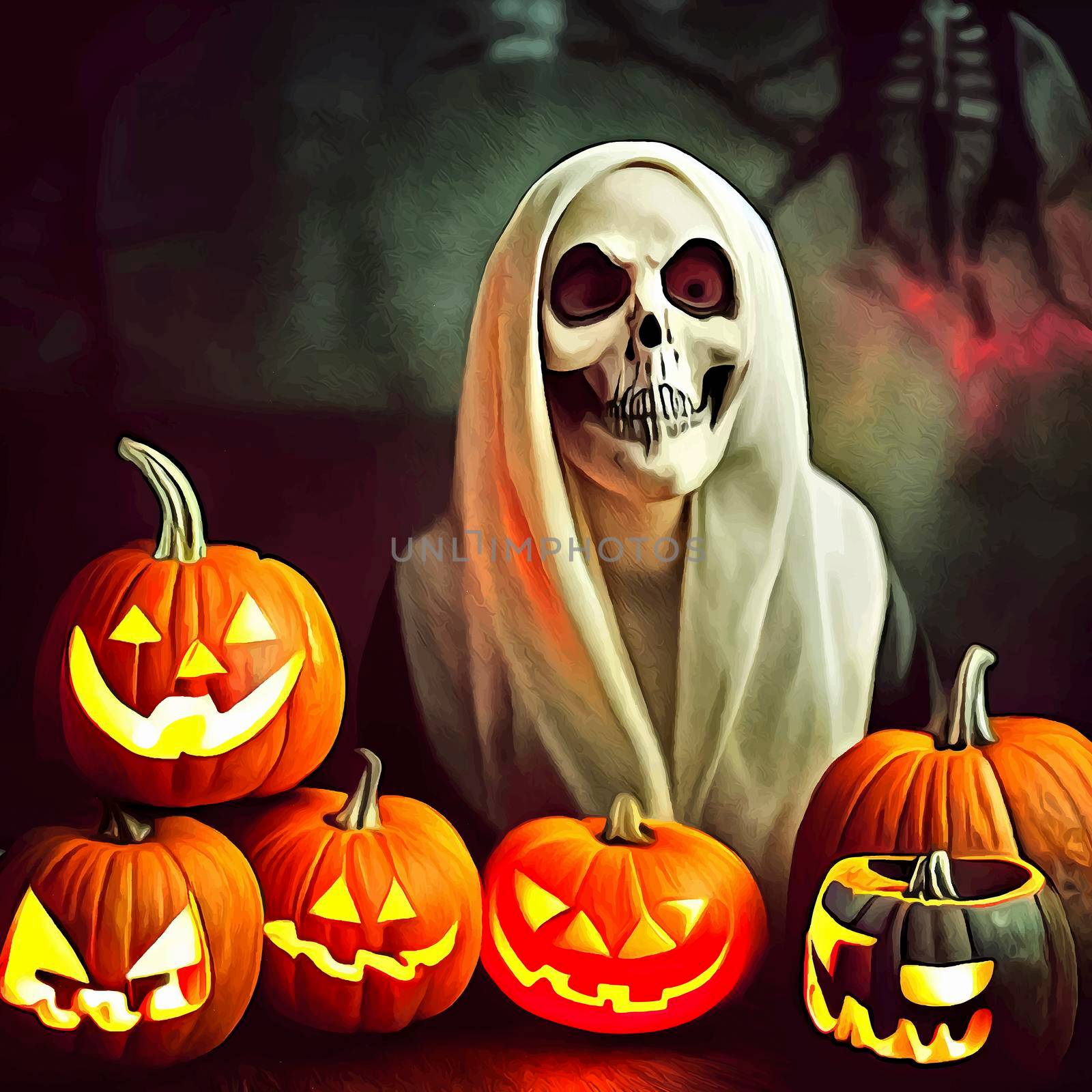 skull on halloween night with evil pumpkins. hallowen illustration by JpRamos