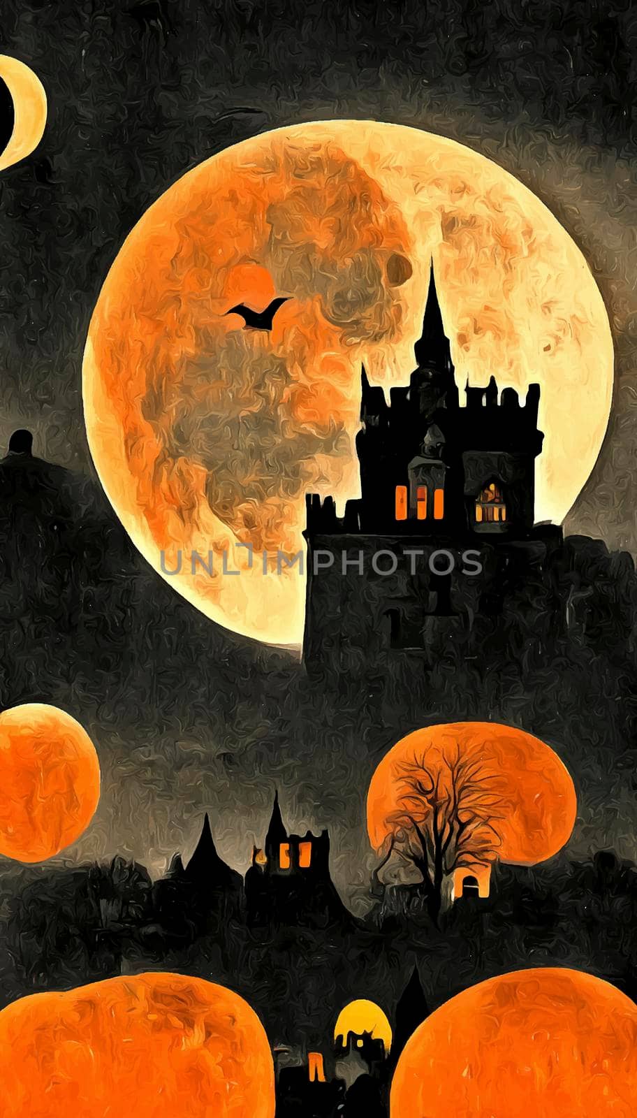 halloween night illustration with full moon and castle in the background. halloween illustration by JpRamos