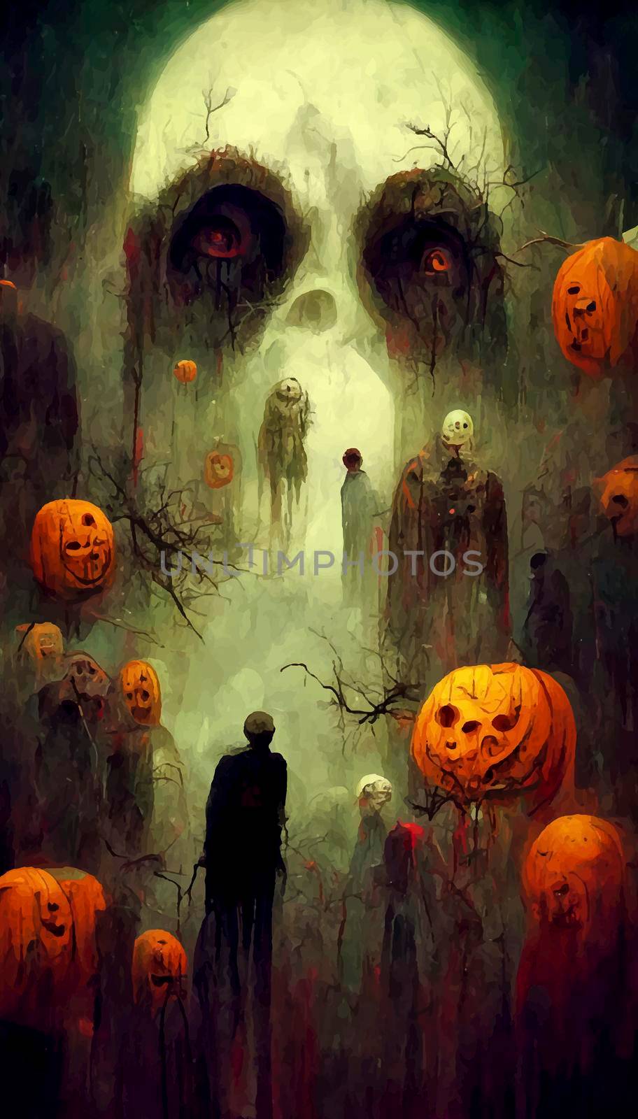 terrifying halloween illustration. hallowen illustration, ghots, pumpkin, witch, spirit by JpRamos