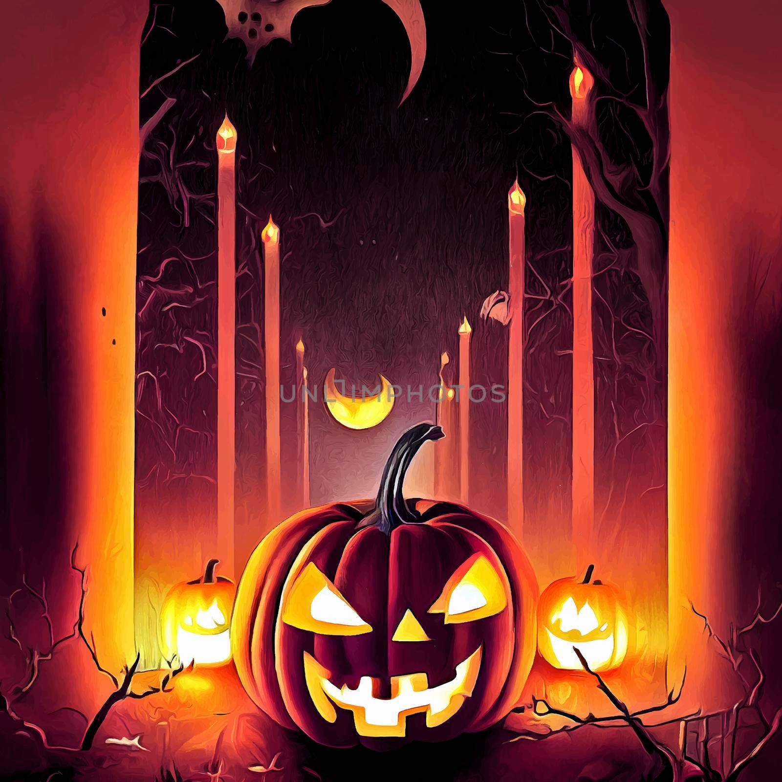 halloween evil pumpkin in the forest on halloween night illustration. halloween pumpkin. halloween illustration.