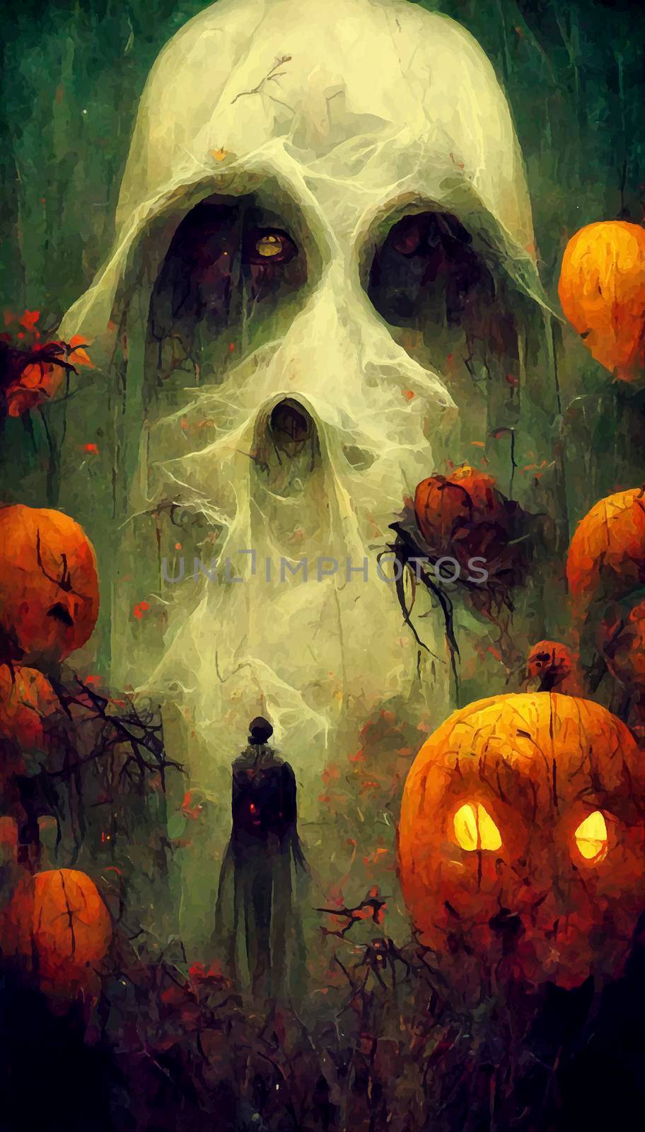 terrifying halloween illustration. hallowen illustration, ghots, pumpkin, witch, spirit by JpRamos