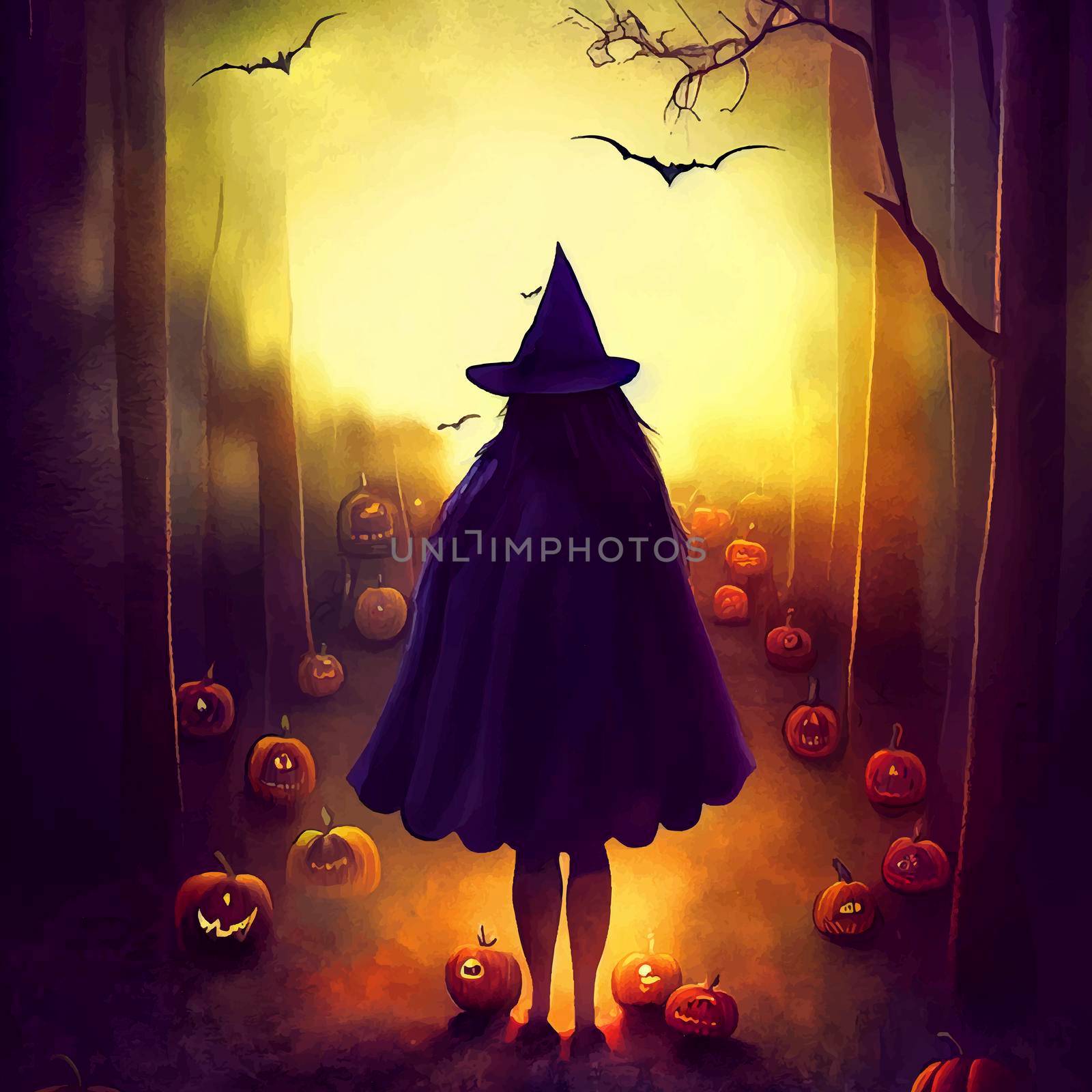 halloween evil pumpkin and witch in the forest on halloween night illustration. halloween illustration by JpRamos