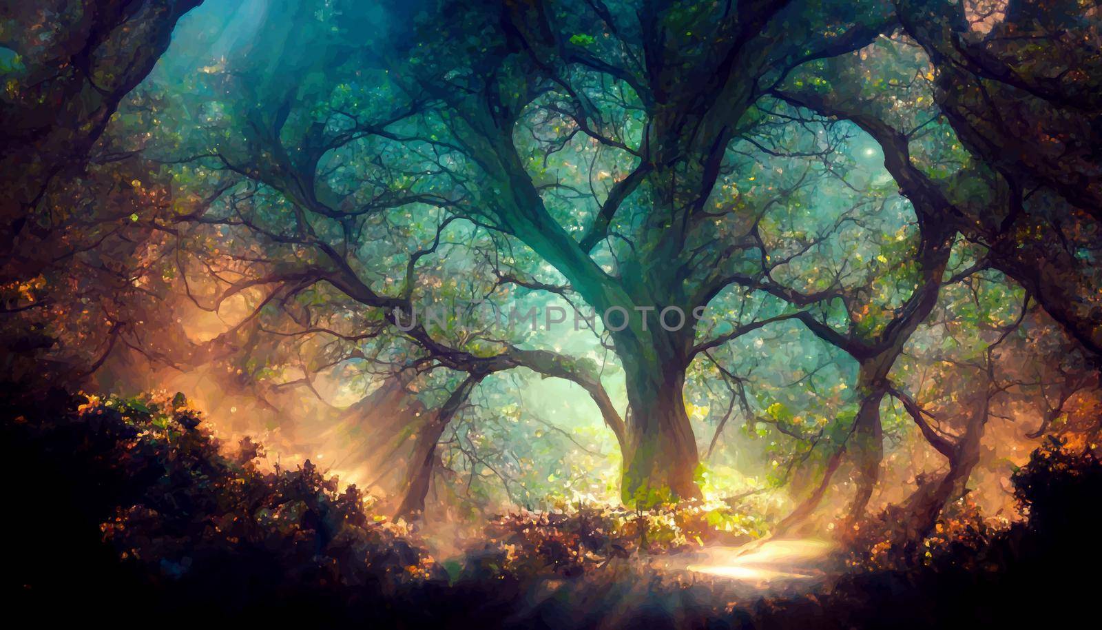 illustration of giant tree in the forest with sunlight rays by JpRamos