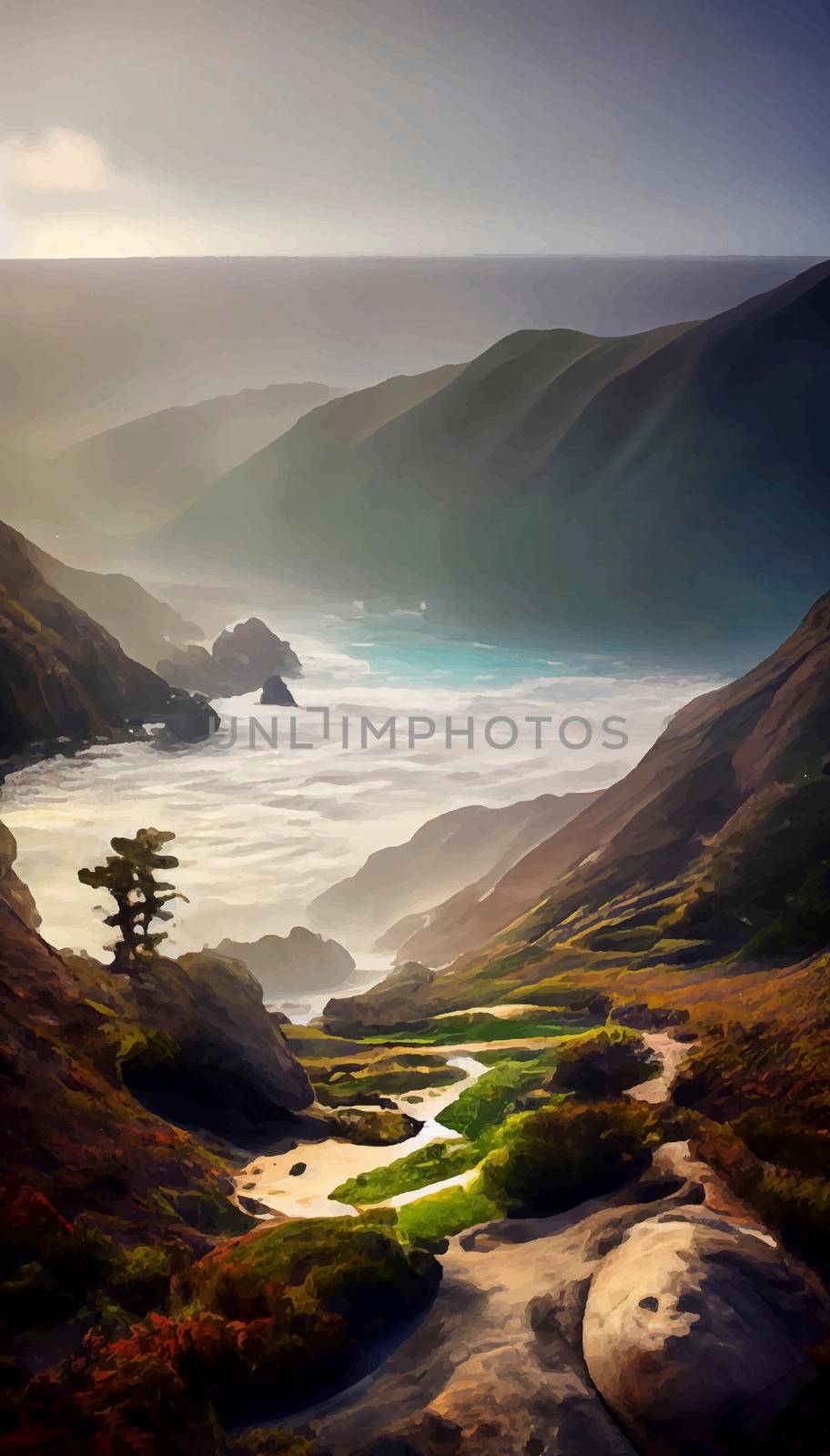 Illustration of peaceful landscape with a natural setting, cinematic and beautiful landscape illustration