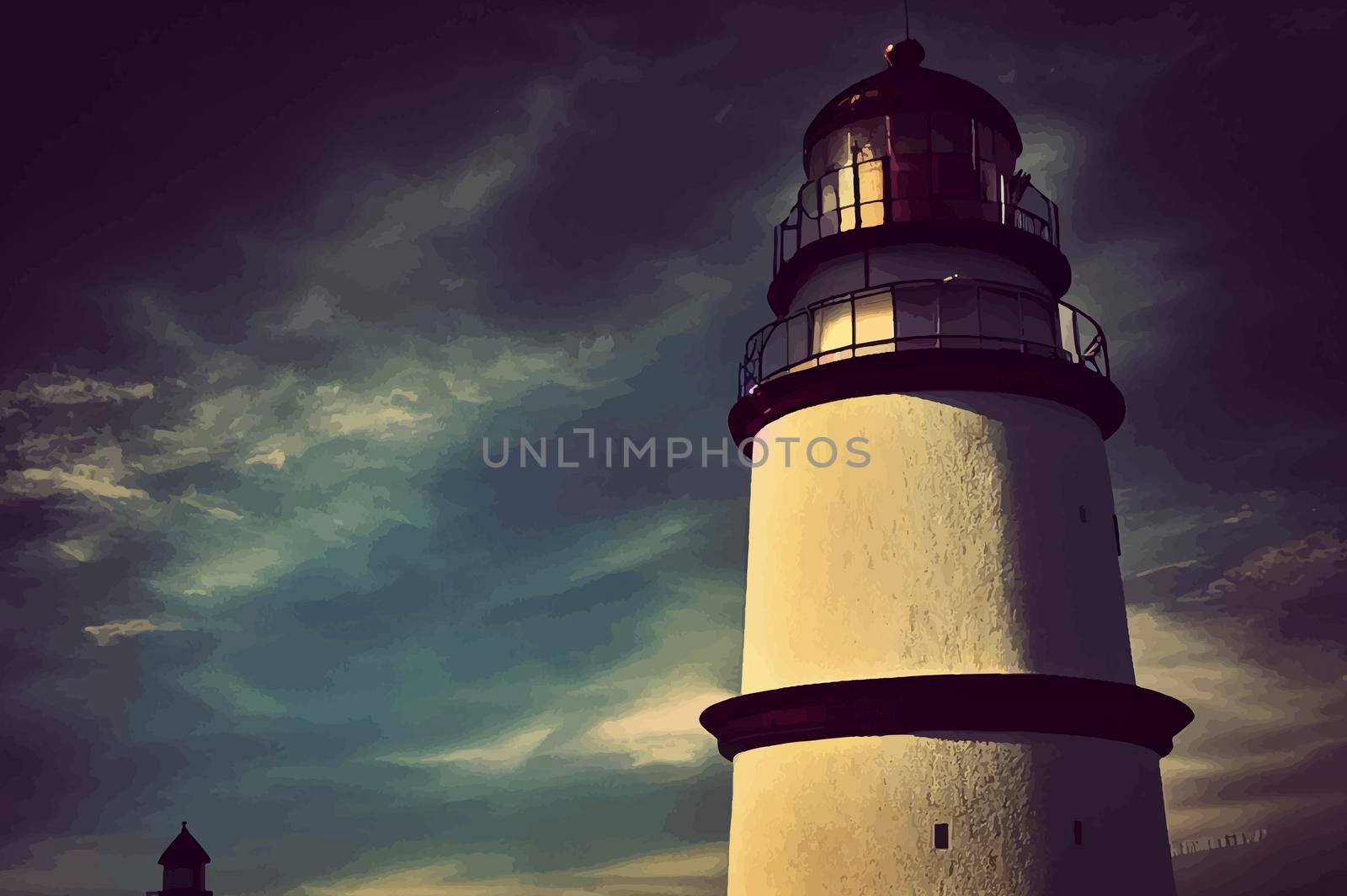 lighthouse illustration with cloudy sky in the background.