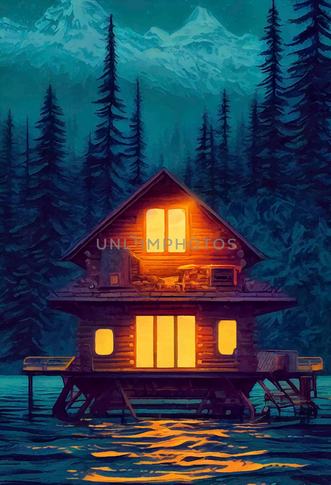 illustration of lakeside cabin in the forest, with pine trees in the background by JpRamos