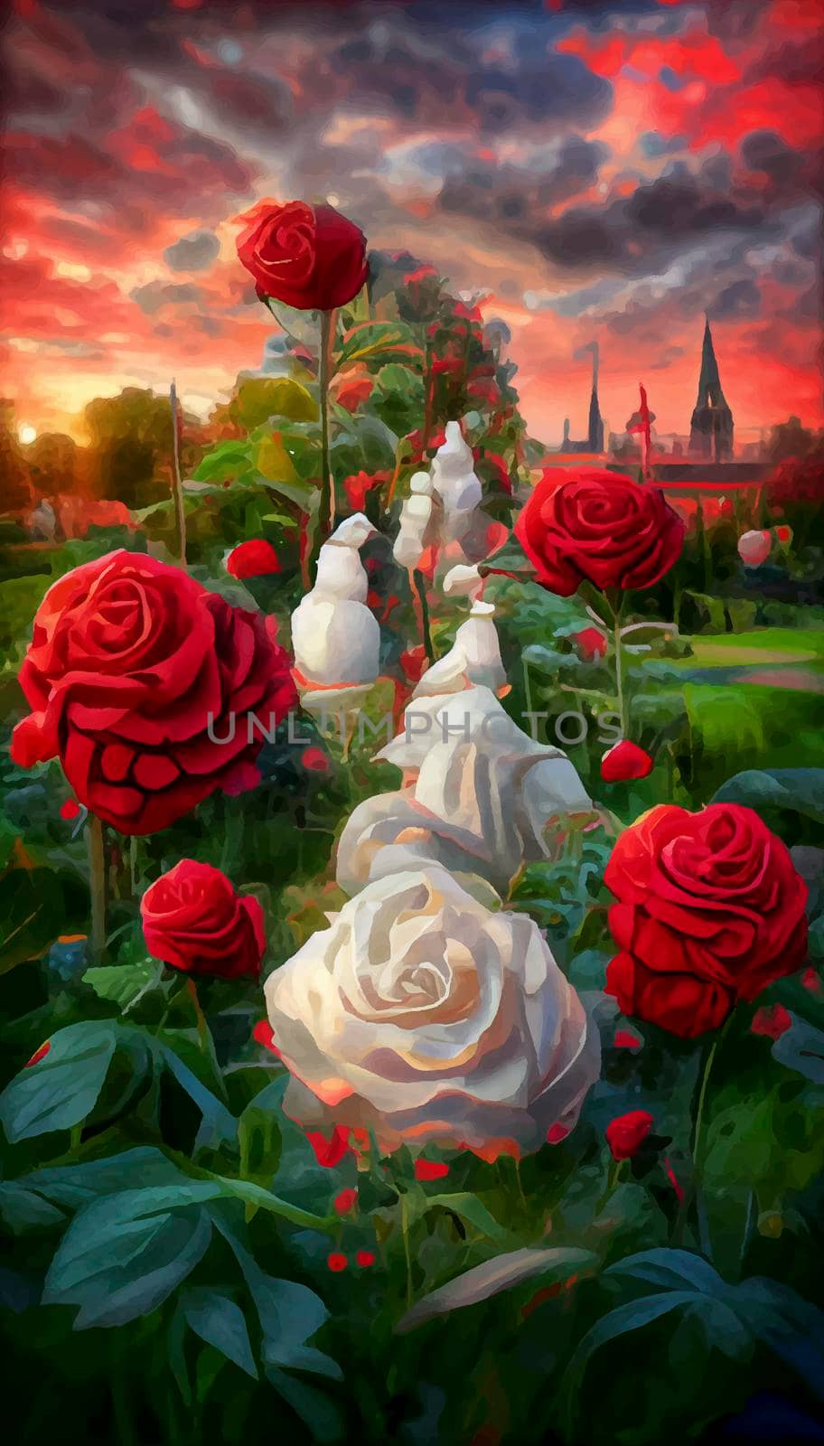 red and white roses under the colorful sky. roses with castle and sunset in the background by JpRamos