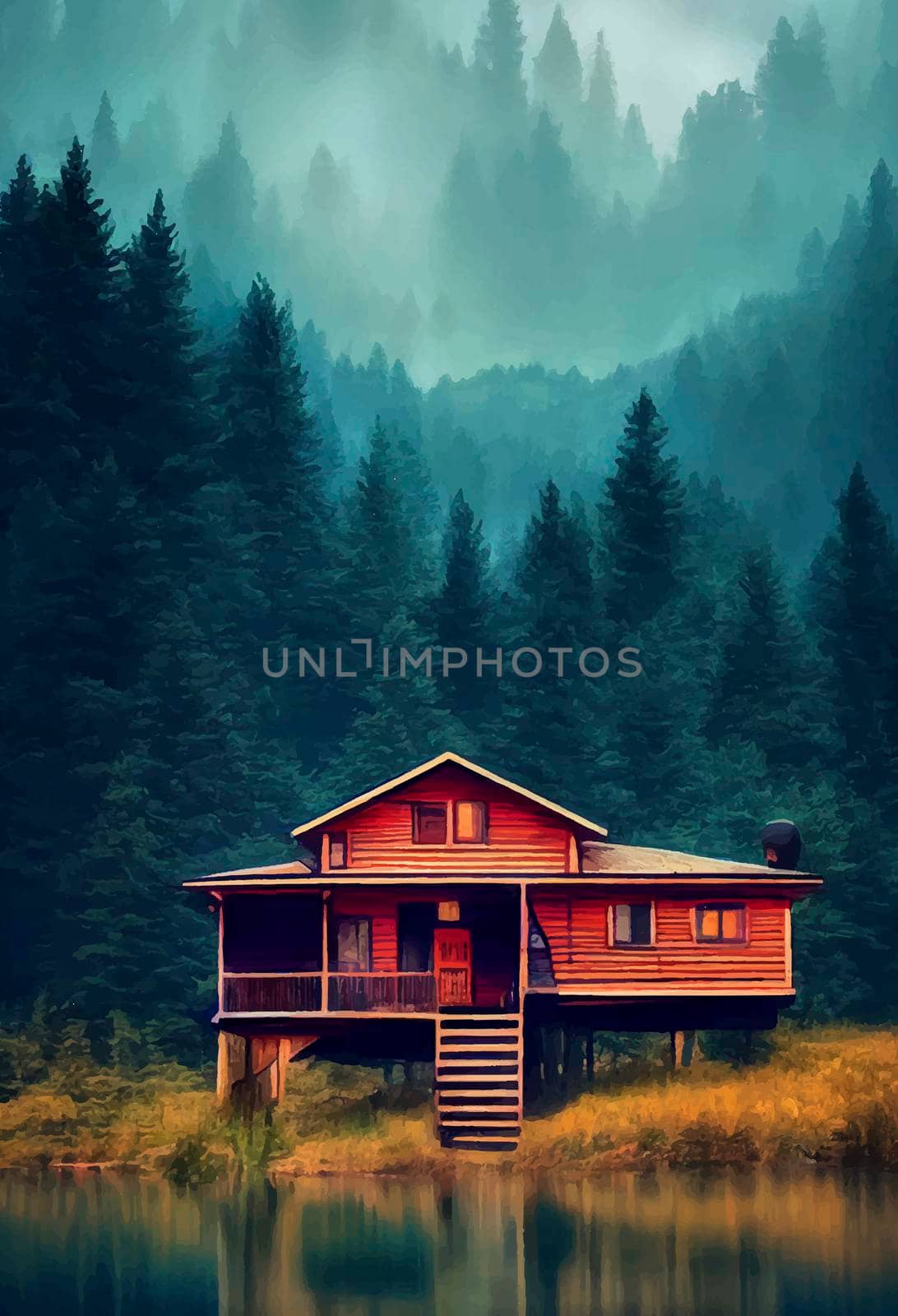 illustration of lakeside cabin in the forest, with pine trees in the background by JpRamos