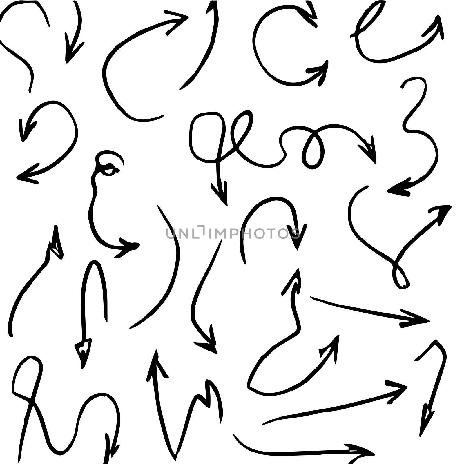 Set of hand drawn arrow, black directional pencil sketch symbol collection