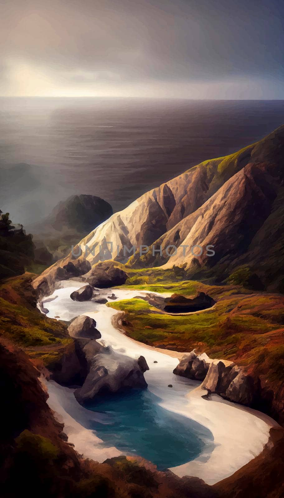 Illustration of peaceful landscape with a natural setting, cinematic and beautiful landscape illustration