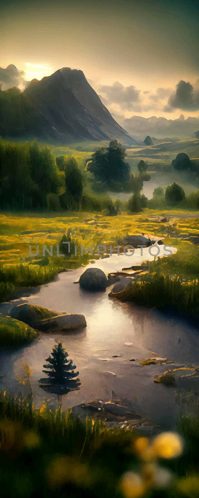 panoramic Illustration of peaceful landscape with a natural setting, cinematic and beautiful landscape illustration. by JpRamos