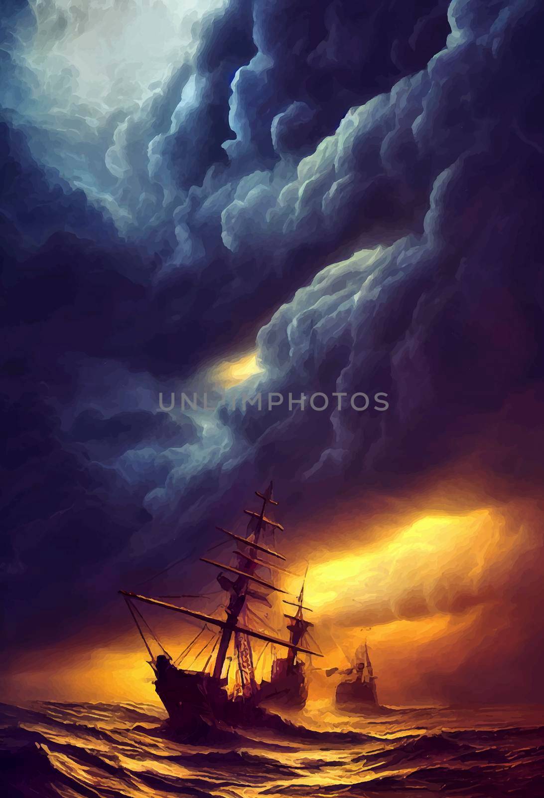 ship in the ocean in the middle of a storm.