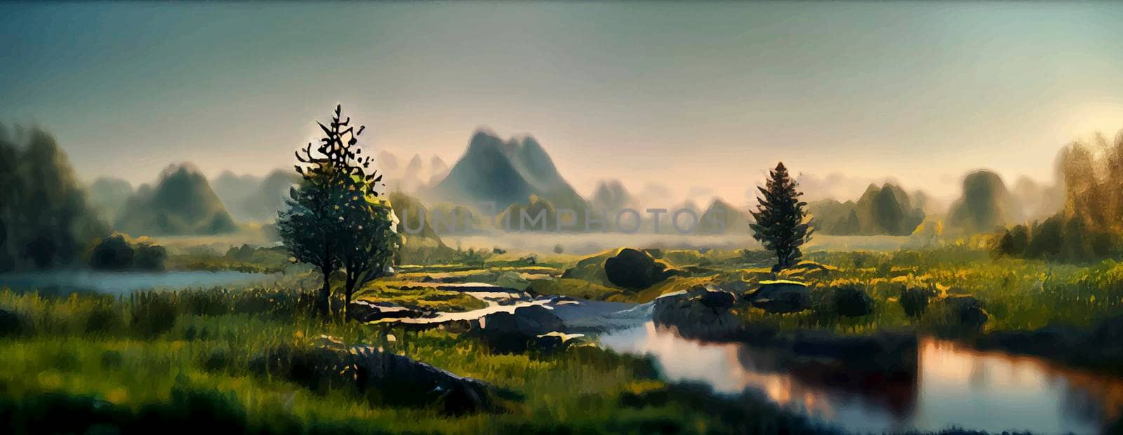 panoramic Illustration of peaceful landscape with a natural setting, cinematic and beautiful landscape illustration. by JpRamos