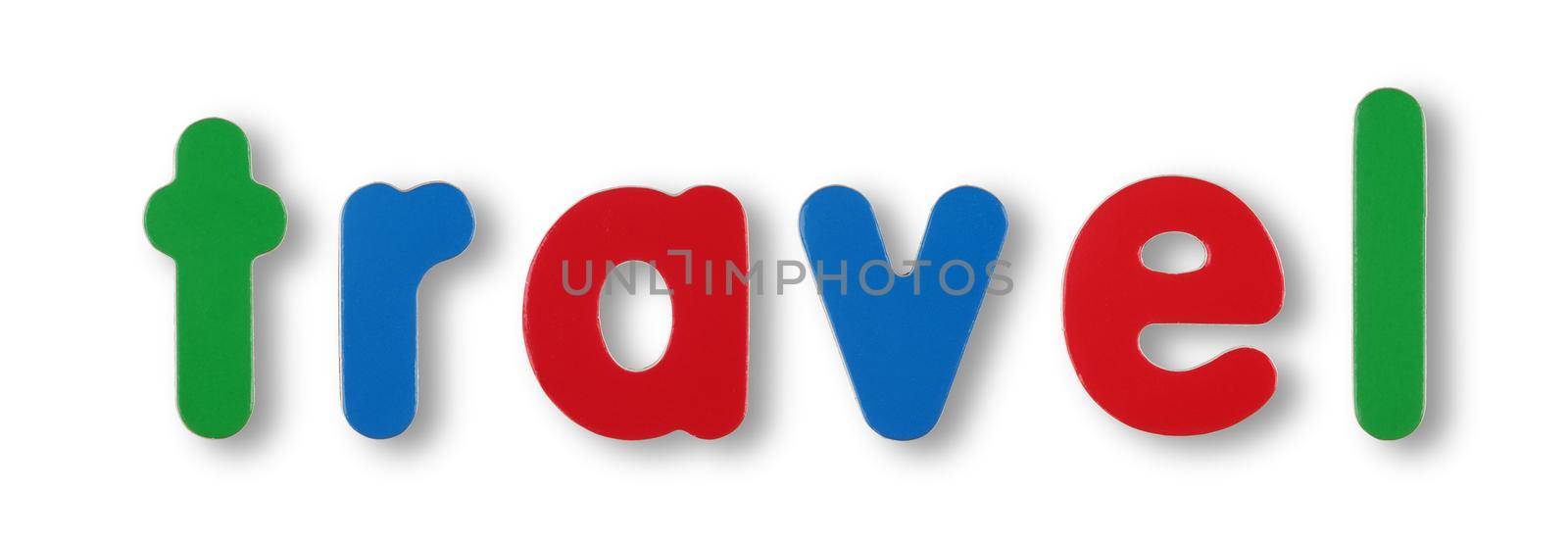 Travel coloured magnetic letters on white with clipping path to remove shadow