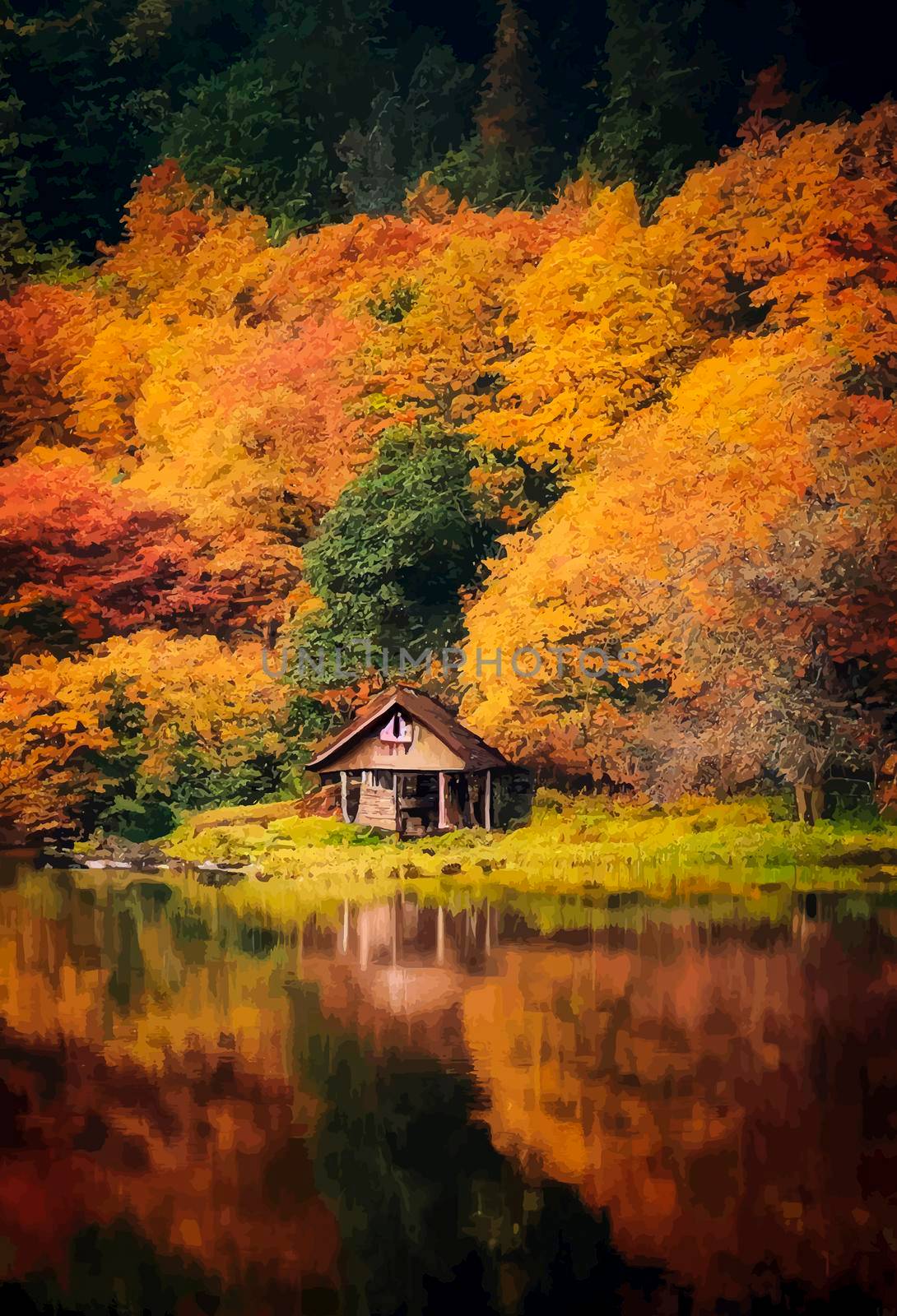 cabin in the woods by the lake, forest in autumn.